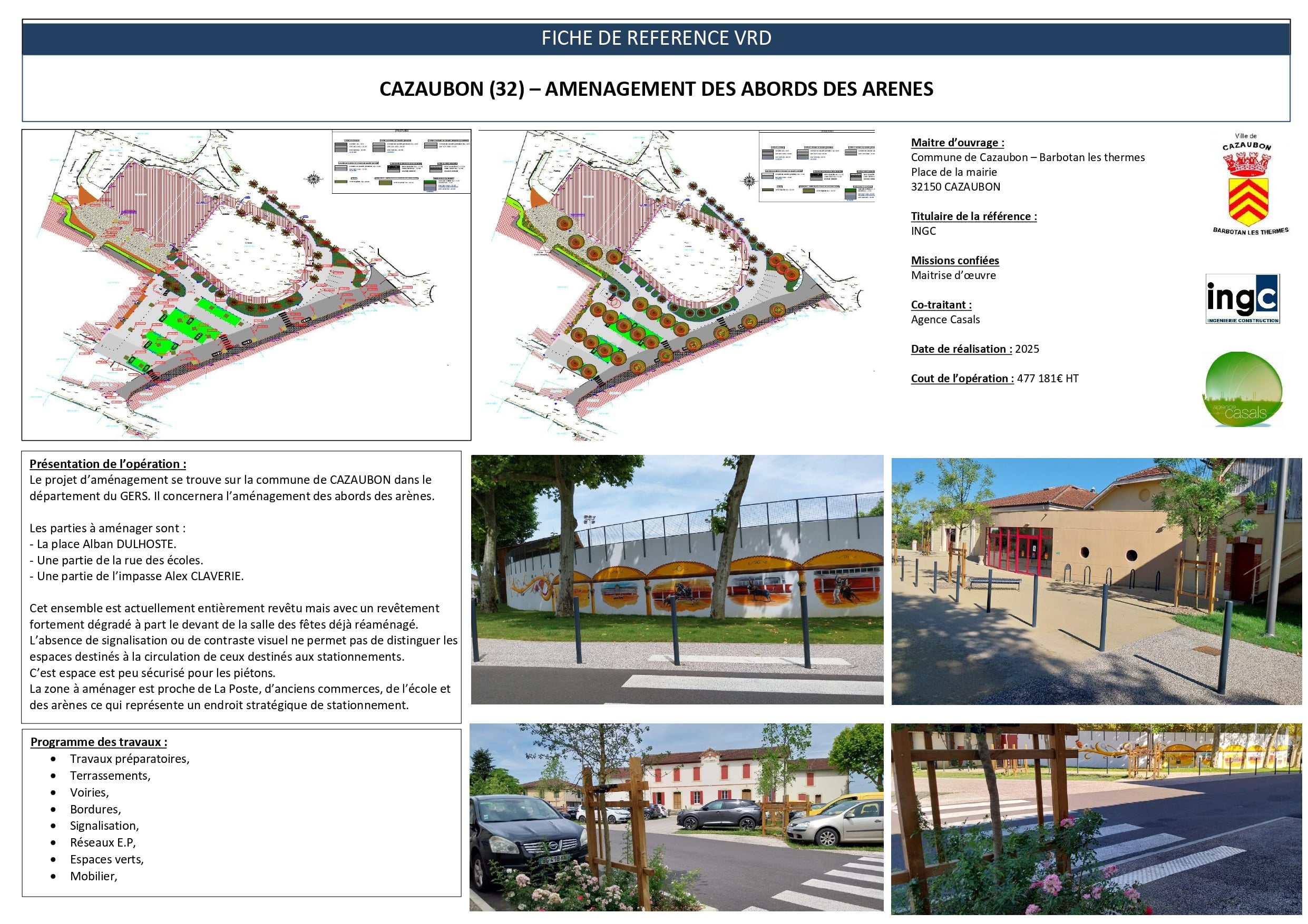 Fiche projet VRD : aménagement des abords des arènes de Cazaubon, avec plans techniques et photos du site.