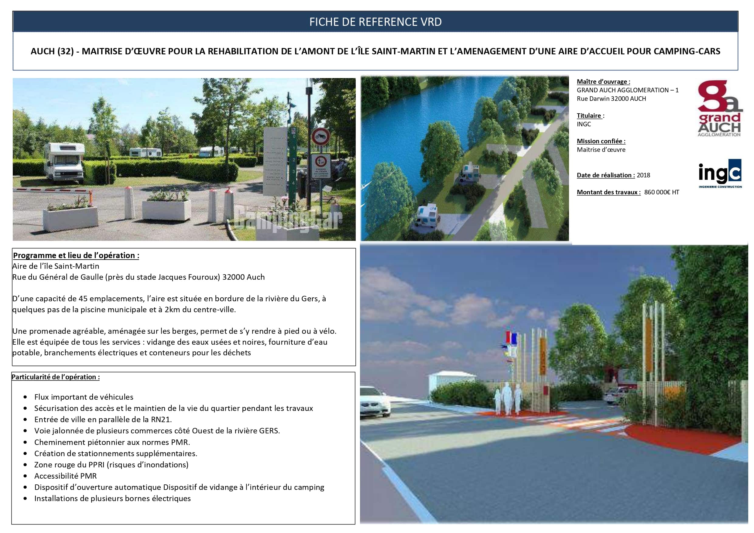 Fiche projet VRD Auch : aménagement aire camping-cars et réhabilitation île Saint-Martin par INGC.