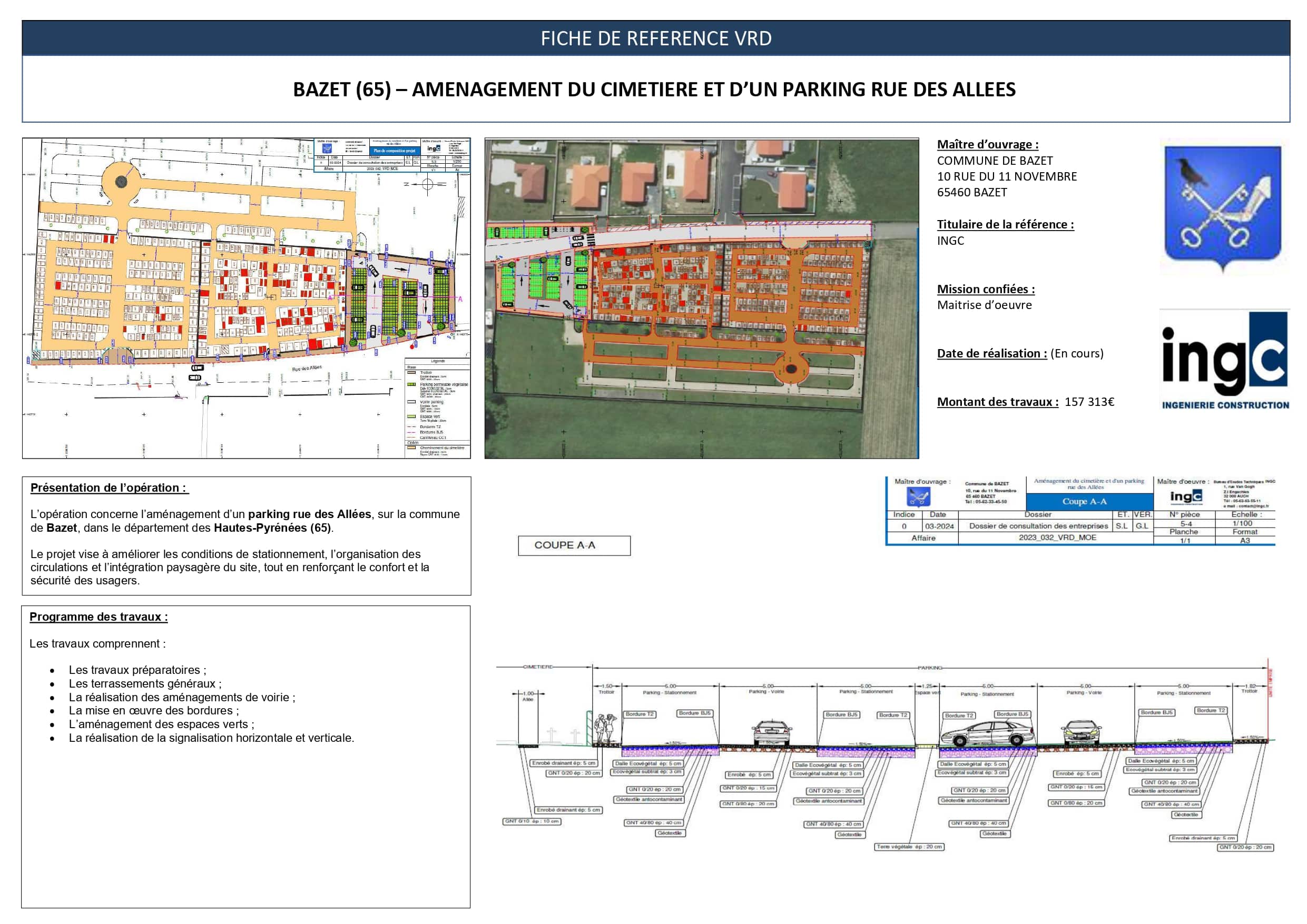 Fiche VRD : aménagement cimetière et parking à Bazet (65), plans et coupes techniques réalisés par INGC.