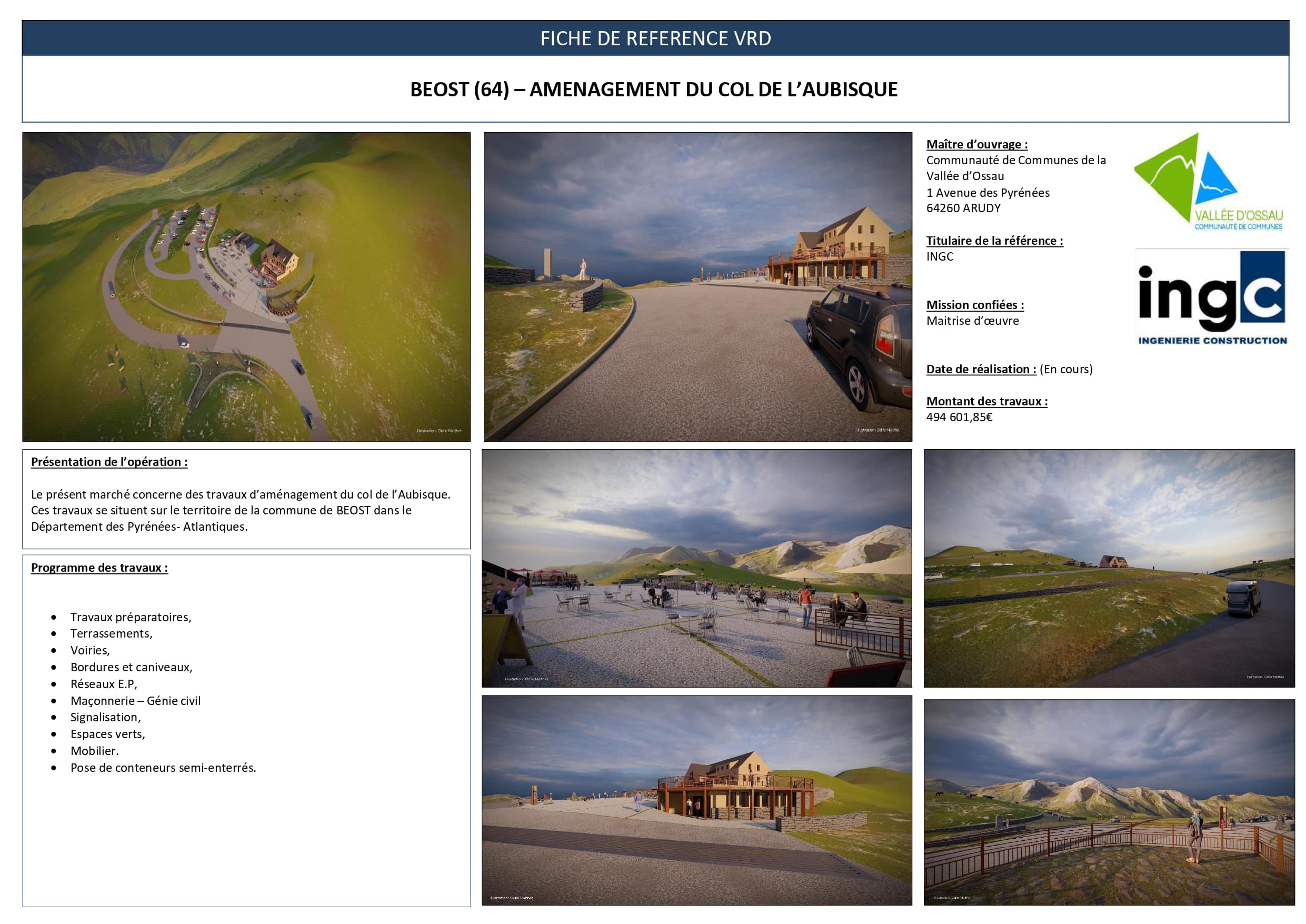 Fiche projet INGC : Aménagement du Col de l'Aubisque (64). Rendus 3D VRD et espaces publics.
