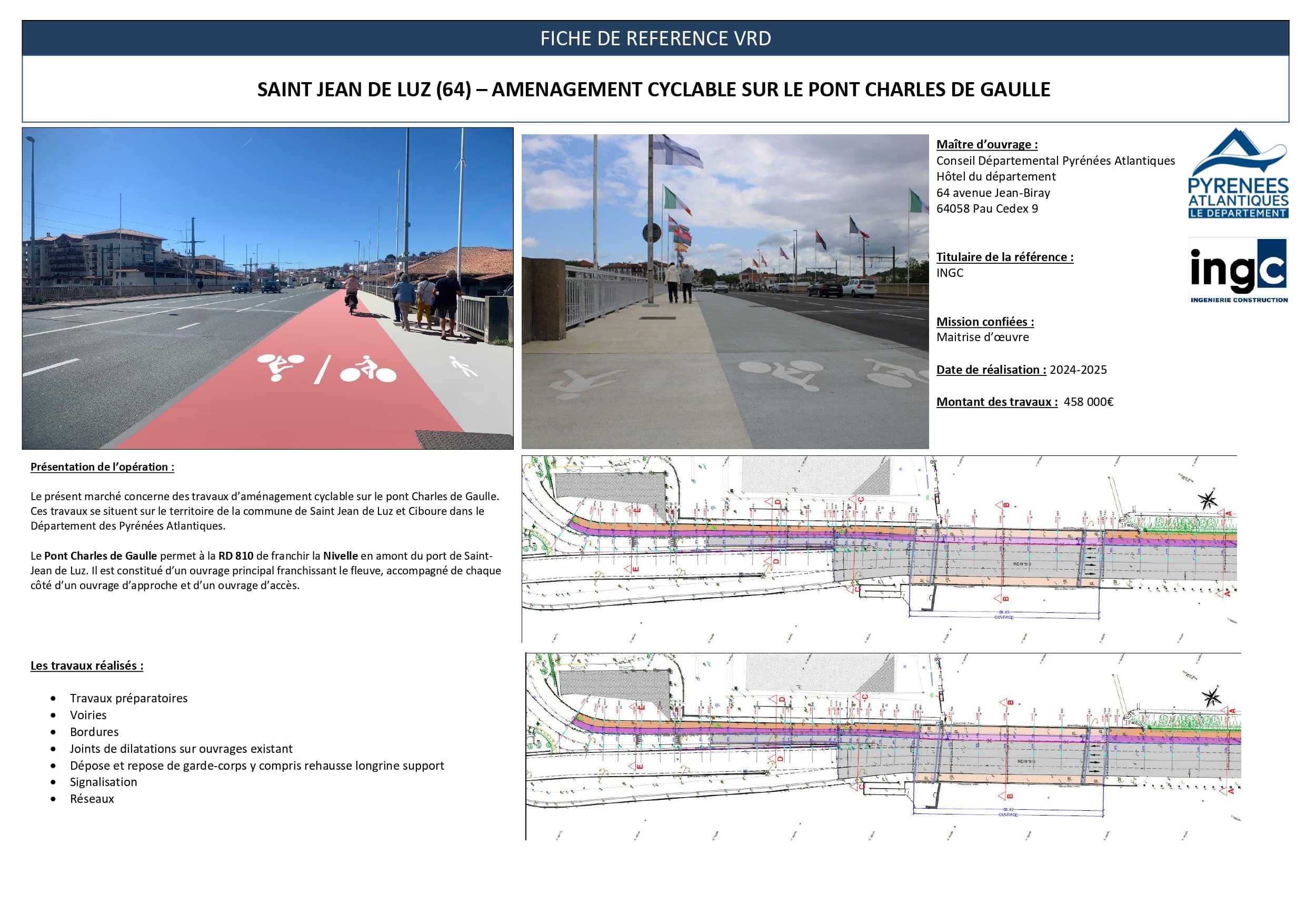 Aménagement cyclable Pont Charles de Gaulle à Saint Jean de Luz : plans techniques et rendus 3D de la piste sur la RD 810.