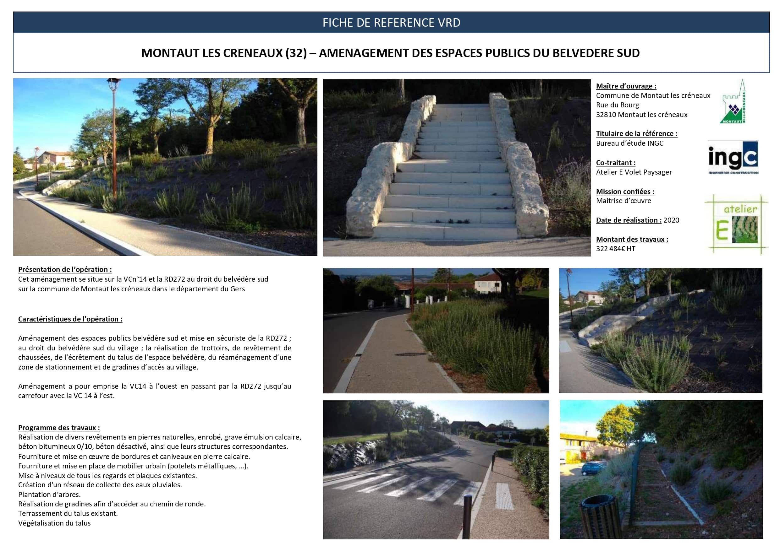 Fiche VRD : aménagement Belvédère Sud à Montaut (32). Escaliers pierre et voirie rénovés en 2020.