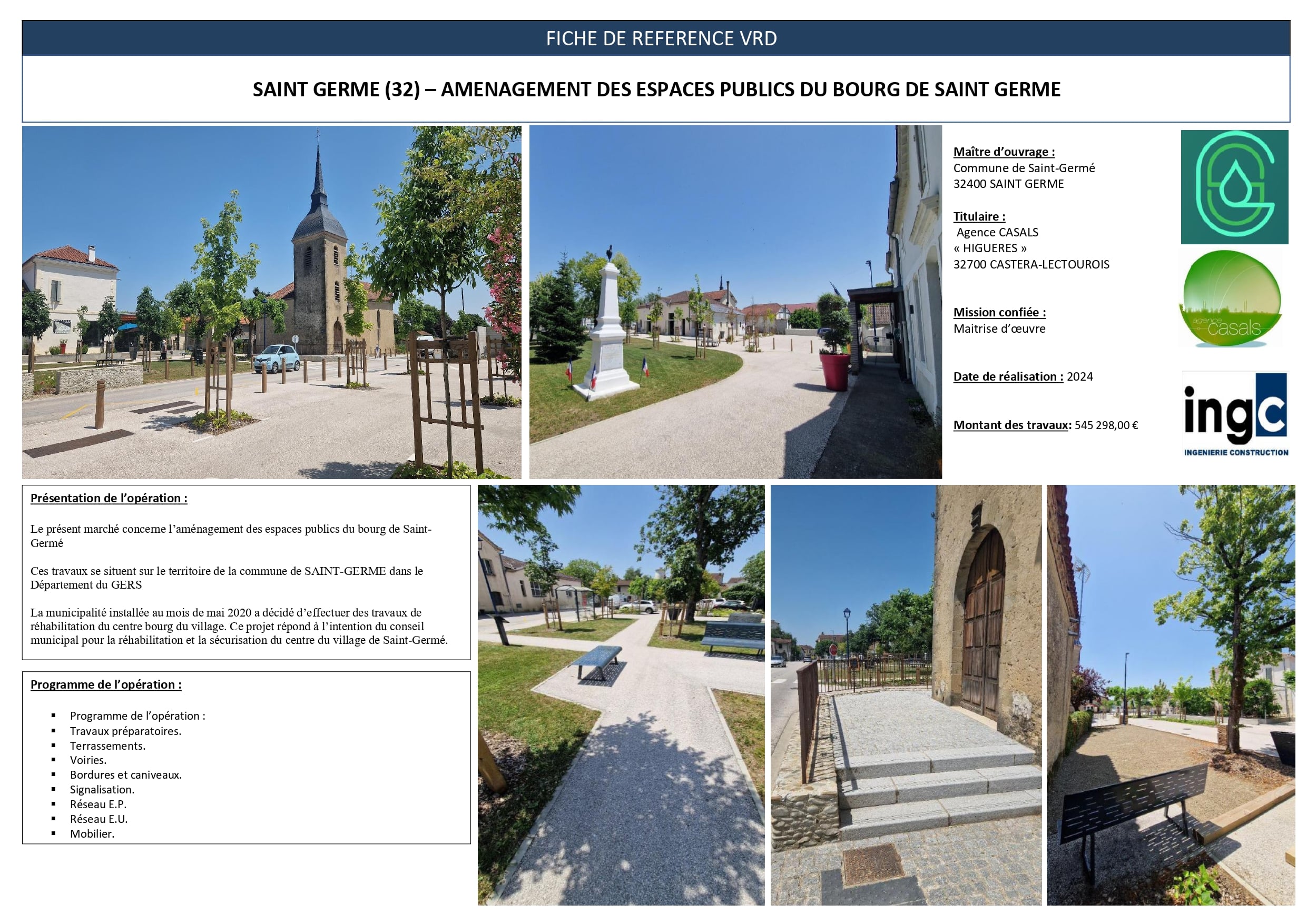 Aménagement VRD du bourg de Saint Germe (32) : espaces publics, voiries et mobilier urbain rénovés en 2024.
