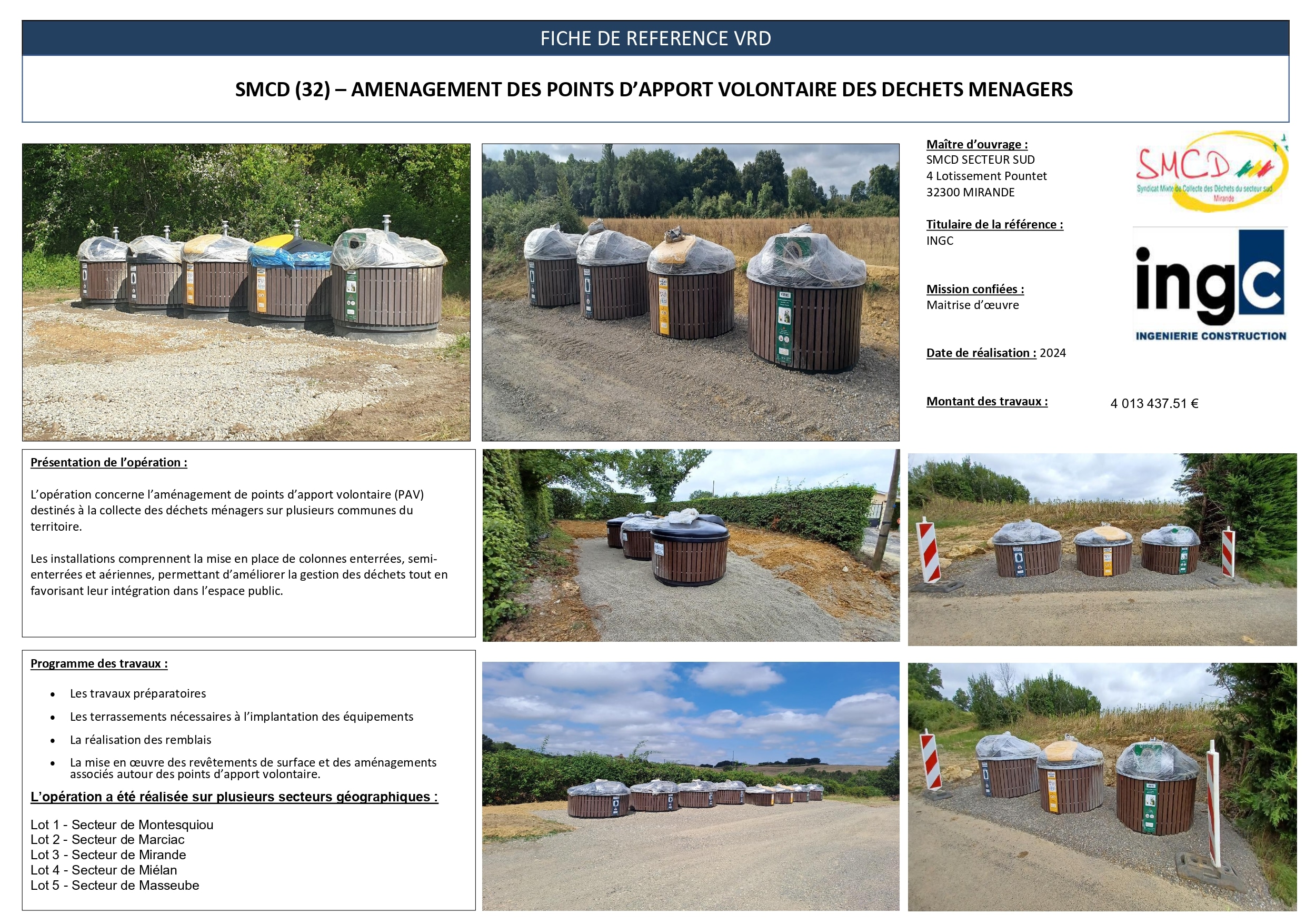 Fiche référence VRD : aménagement points d'apport volontaire déchets ménagers SMCD (32) avec colonnes enterrées.
