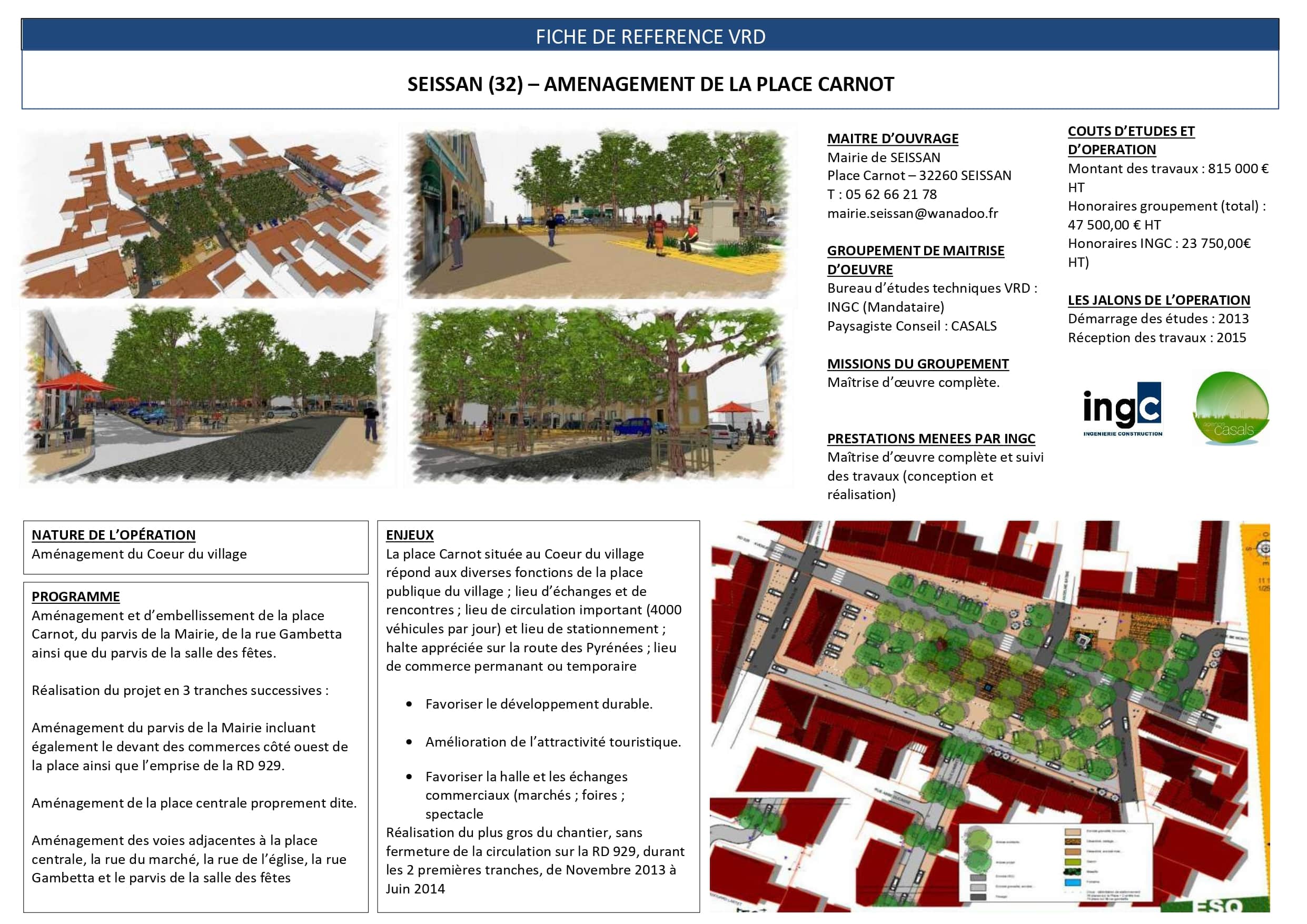 Fiche projet aménagement urbain Place Carnot à Seissan (32) avec rendus 3D, plan de masse et détails techniques VRD.