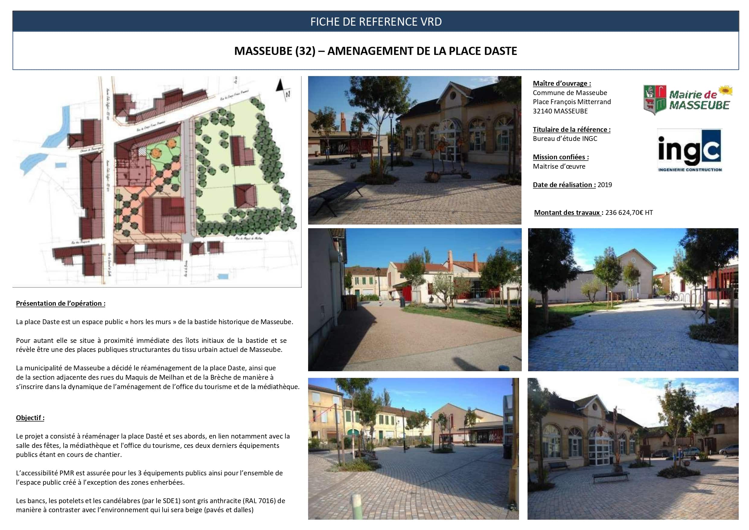Fiche VRD aménagement Place Daste à Masseube. Plan technique et photos d'une place pavée avec arbres et mobilier urbain.