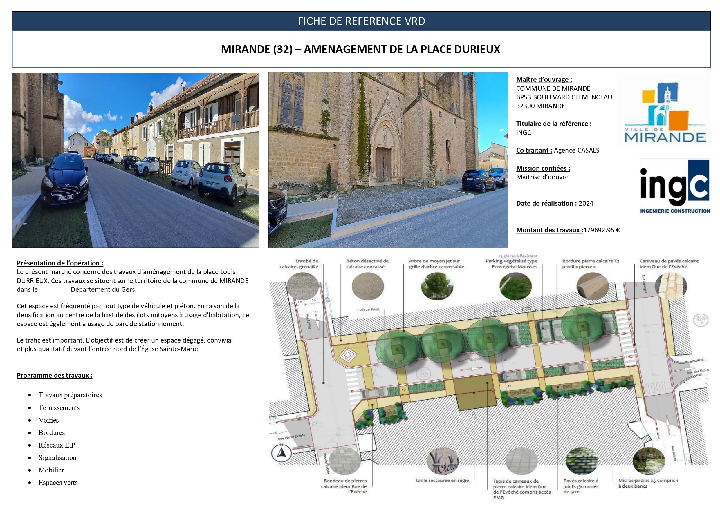 Fiche VRD Mirande Place Durieux : aménagement urbain, voirie et plan technique détaillé par l'ingénierie ingc.