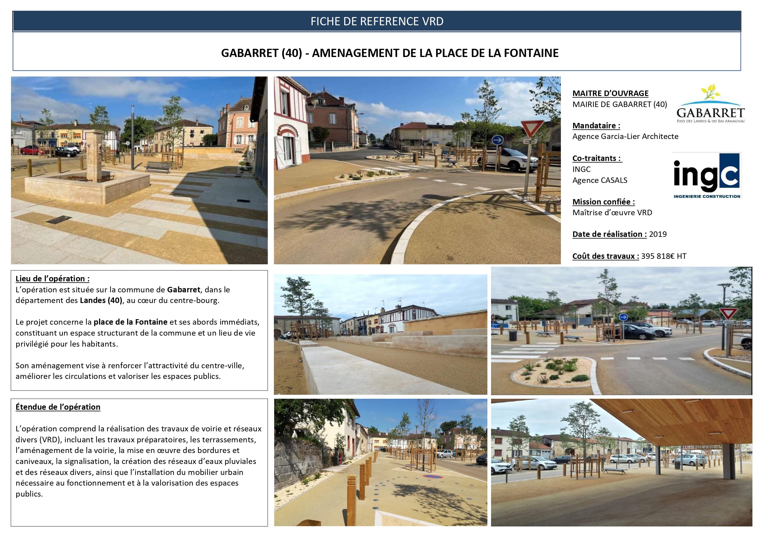 Fiche VRD : aménagement Place de la Fontaine à Gabarret (40), espaces publics et voirie rénovés.