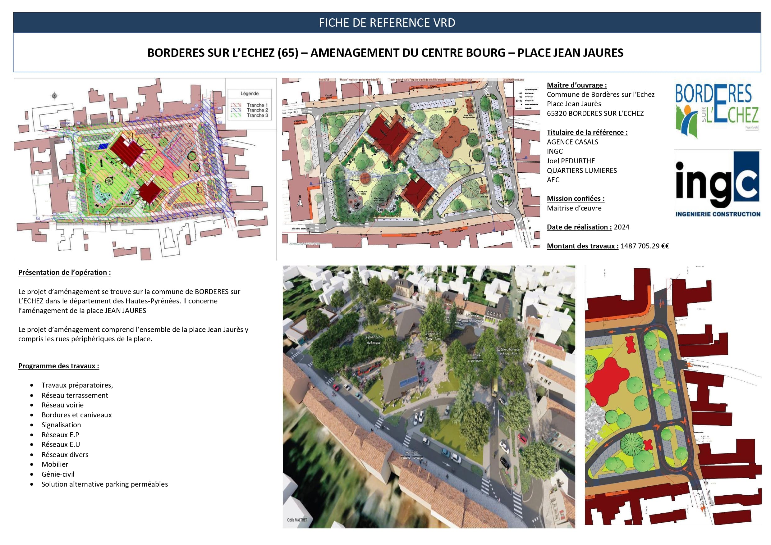 Fiche VRD : plans et vue 3D de l'aménagement de la Place Jean Jaurès à Bordères-sur-l'Échez (65).