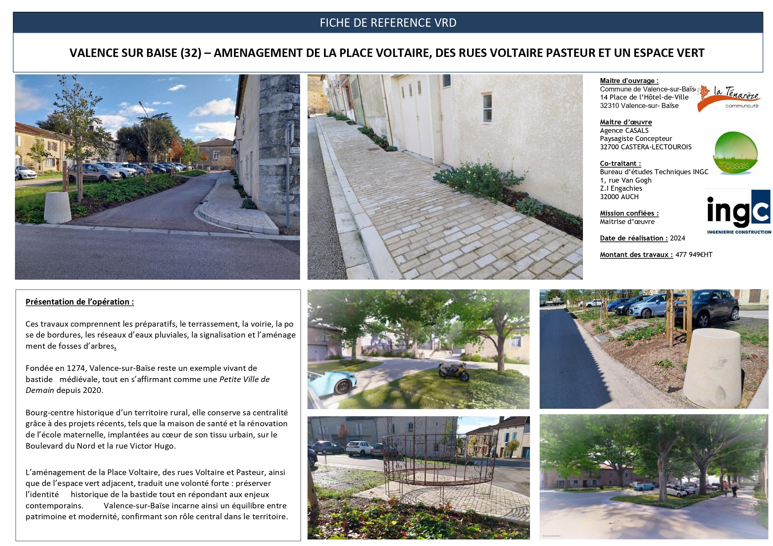 Fiche VRD : aménagement de la Place Voltaire à Valence-sur-Baïse. Voirie, espaces verts et trottoirs pavés neufs (2024).