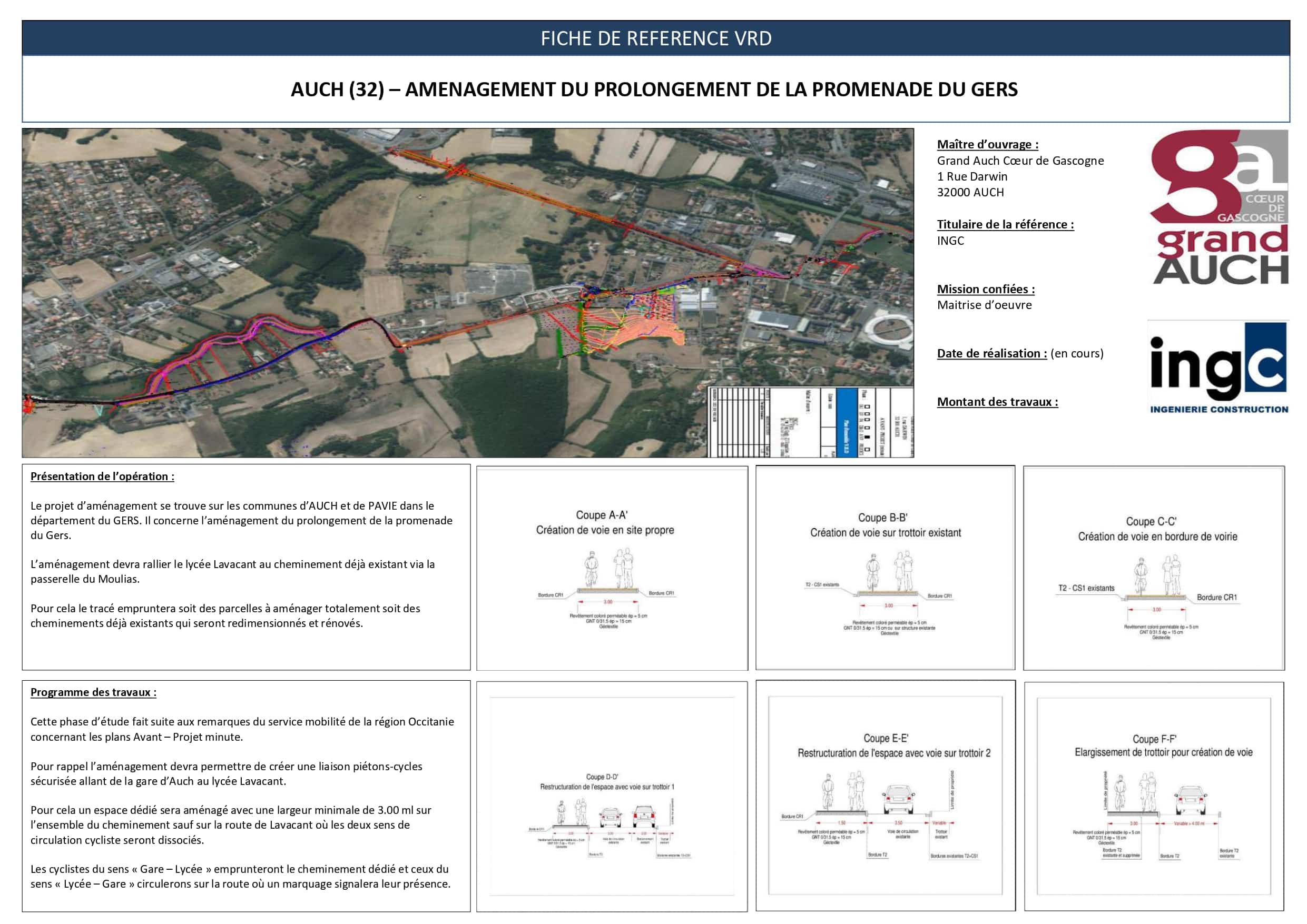 Fiche technique VRD pour le prolongement de la promenade du Gers à Auch avec plans et coupes de pistes cyclables.
