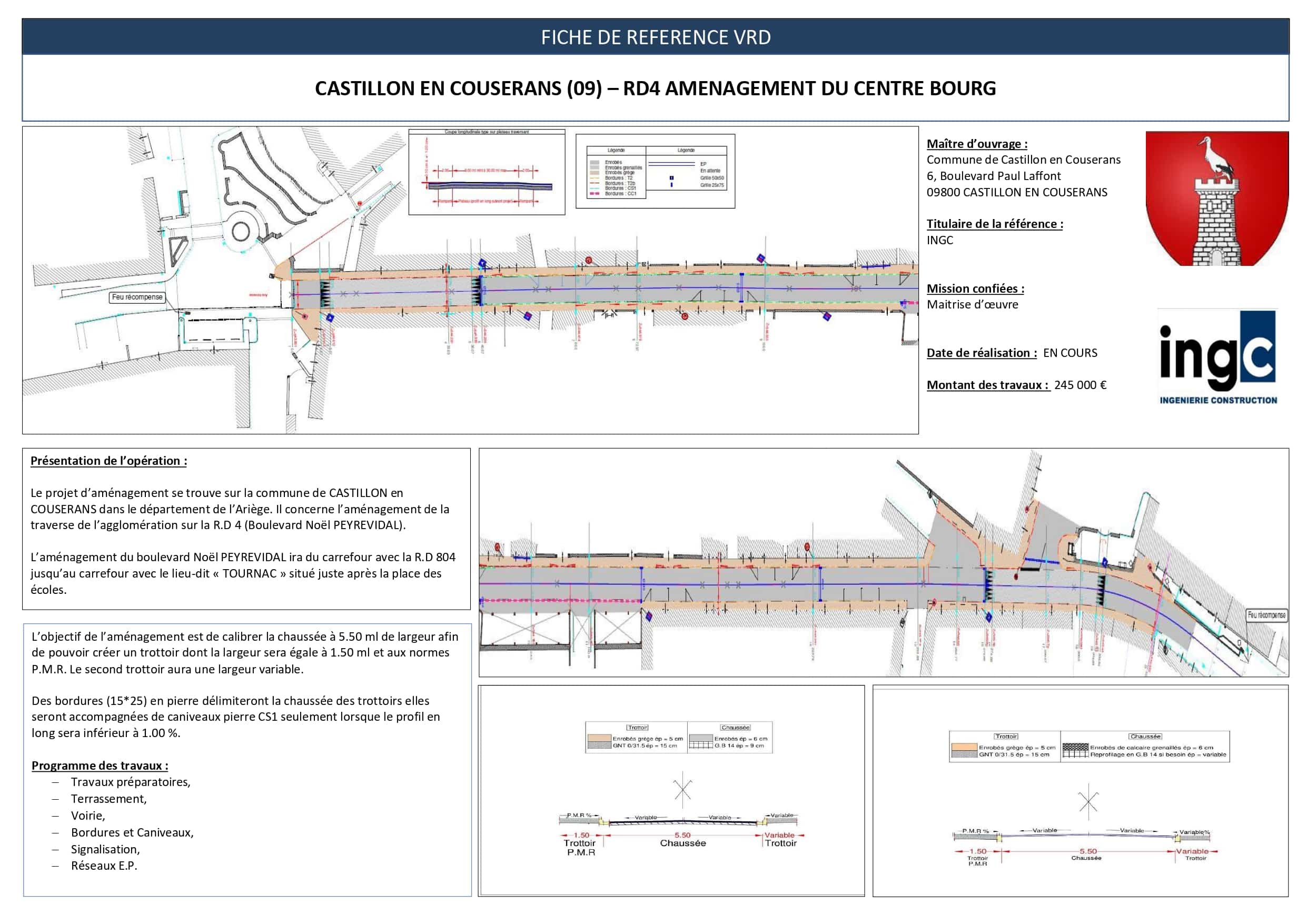 Fiche référence VRD : aménagement RD4 Castillon-en-Couserans par INGC. Plans techniques et coupes de voirie.
