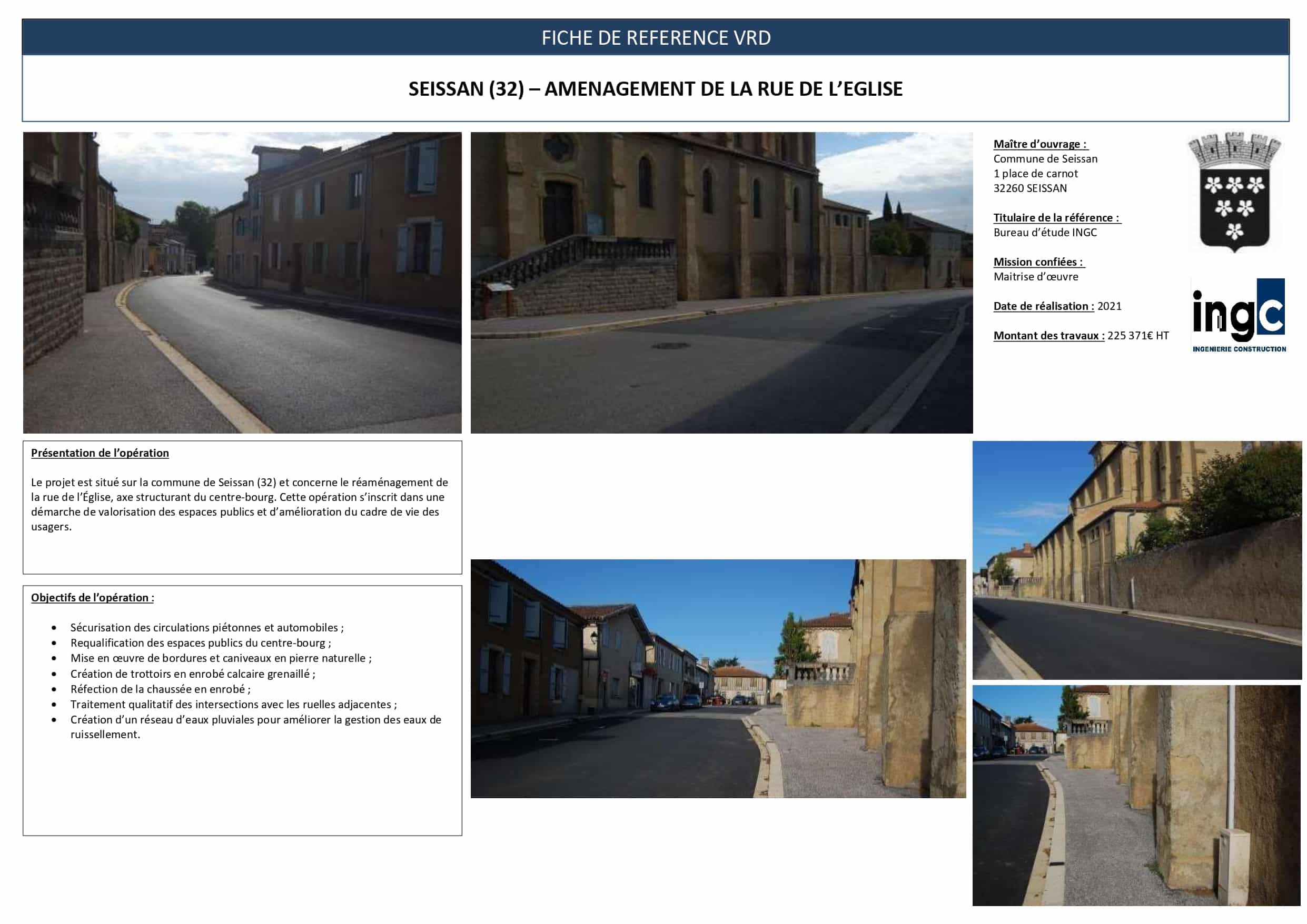 Fiche projet VRD Seissan (32) : réaménagement de la rue de l'Église avec nouveaux trottoirs et chaussée.