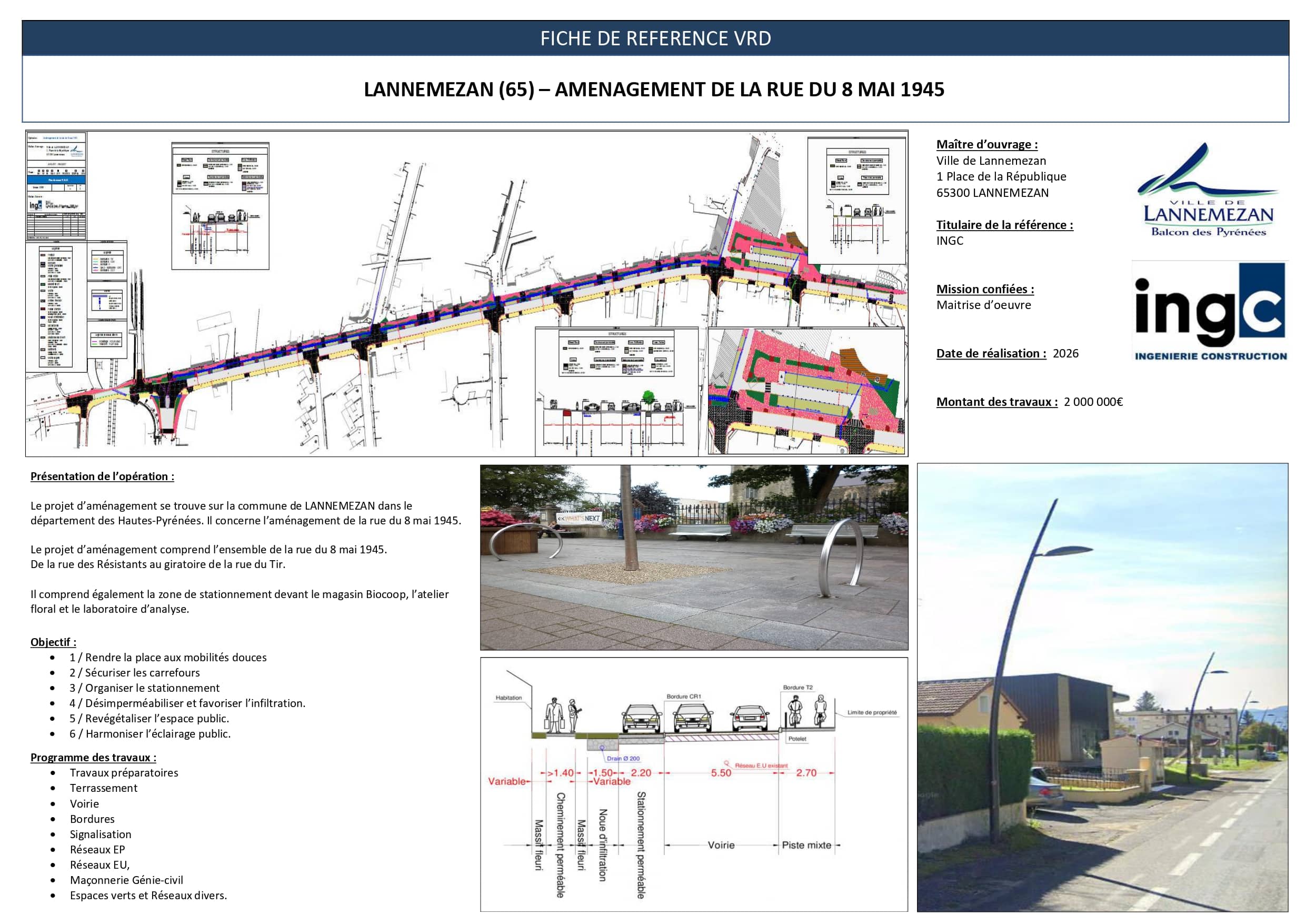 Fiche VRD : aménagement Rue du 8 Mai 1945 à Lannemezan. Plans techniques, coupes de voirie et photos d'espaces publics.