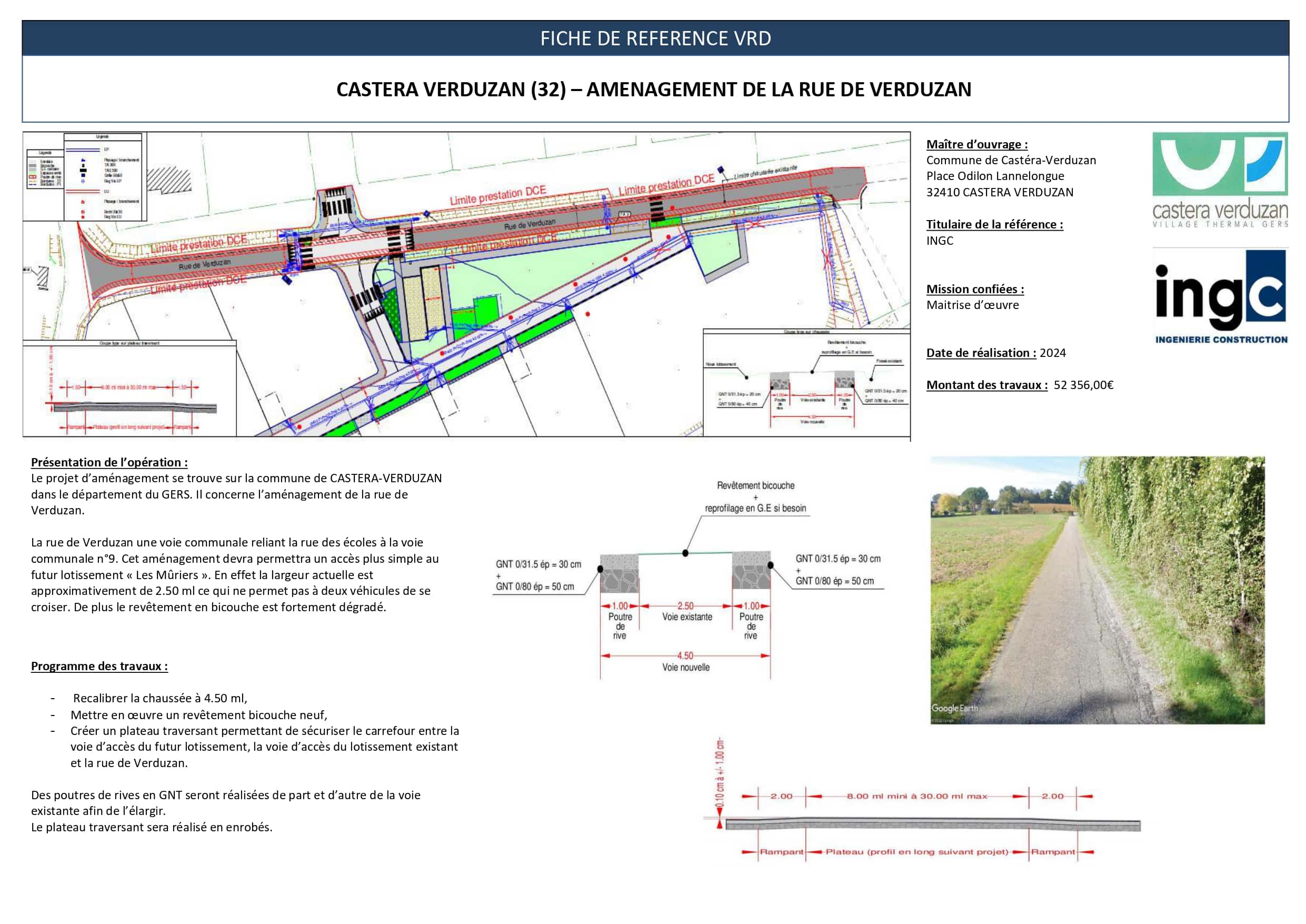 Fiche VRD : plan technique et coupe pour l'aménagement rue de Verduzan à Castéra-Verduzan par INGC en 2024.