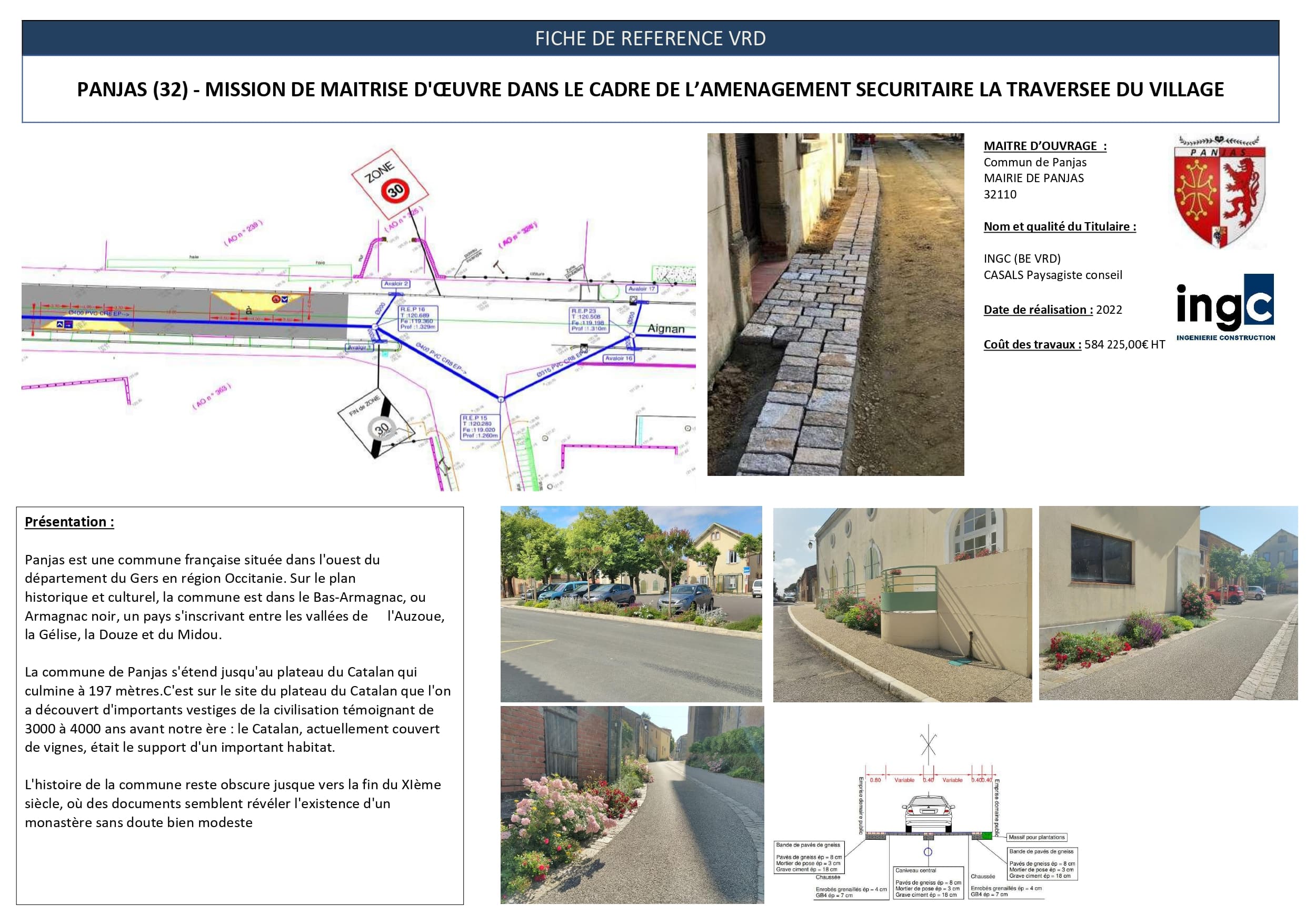 Fiche projet VRD Panjas : aménagement sécuritaire traversée village, plans techniques et photos travaux voirie.