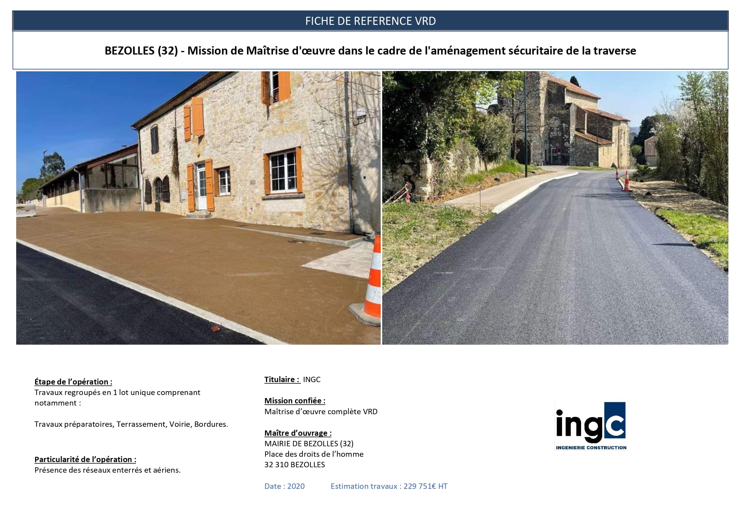 Aménagement sécuritaire Bezolles : voirie, bordures et revêtements neufs devant bâtiments anciens par INGC.