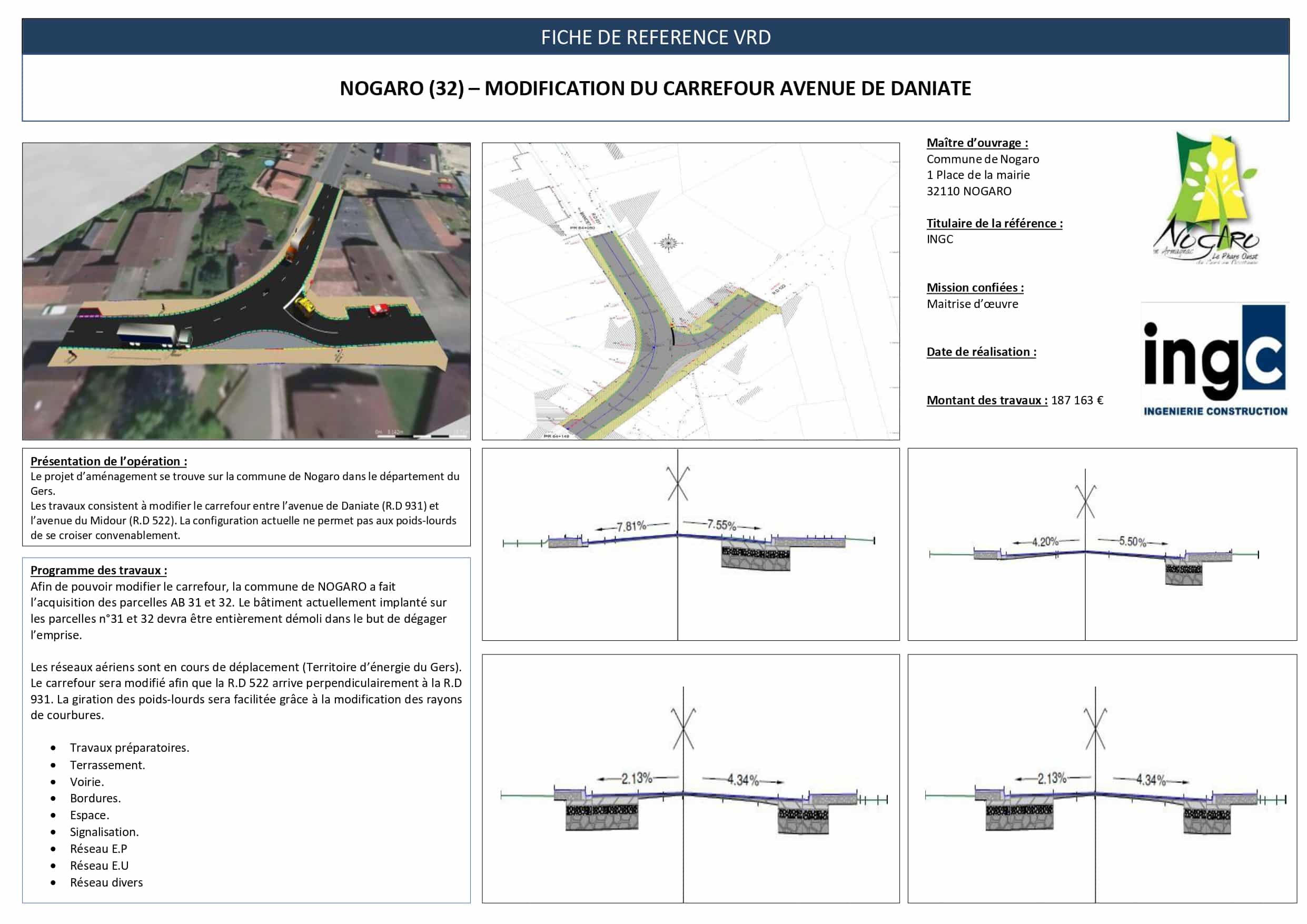 Fiche projet VRD Nogaro : modification carrefour Avenue de Daniate. Plans techniques et rendu 3D par INGC.