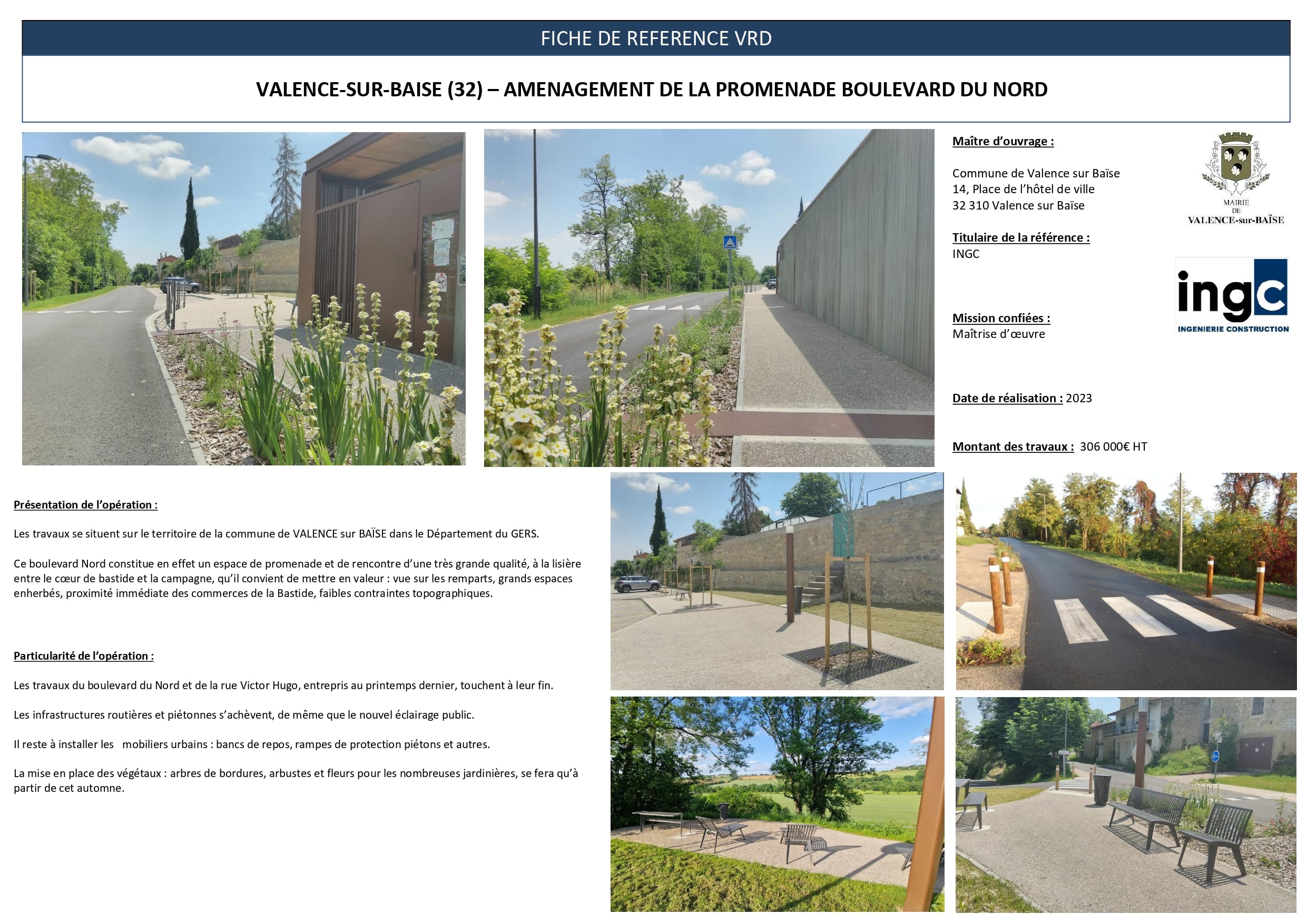 Fiche projet VRD : aménagement de la promenade Boulevard du Nord à Valence-sur-Baïse avec espaces verts et mobilier urbain.