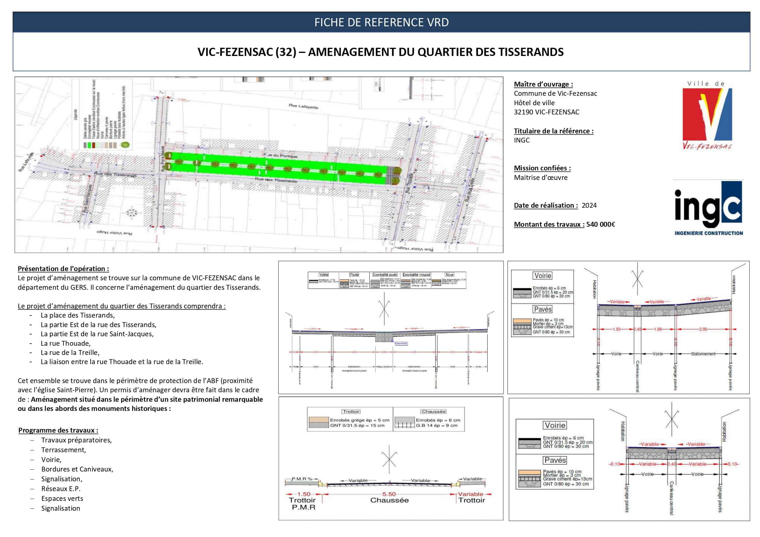 Fiche technique VRD Vic-Fezensac, quartier des Tisserands. Plans de masse, coupes de voirie et détails d'aménagement urbain.