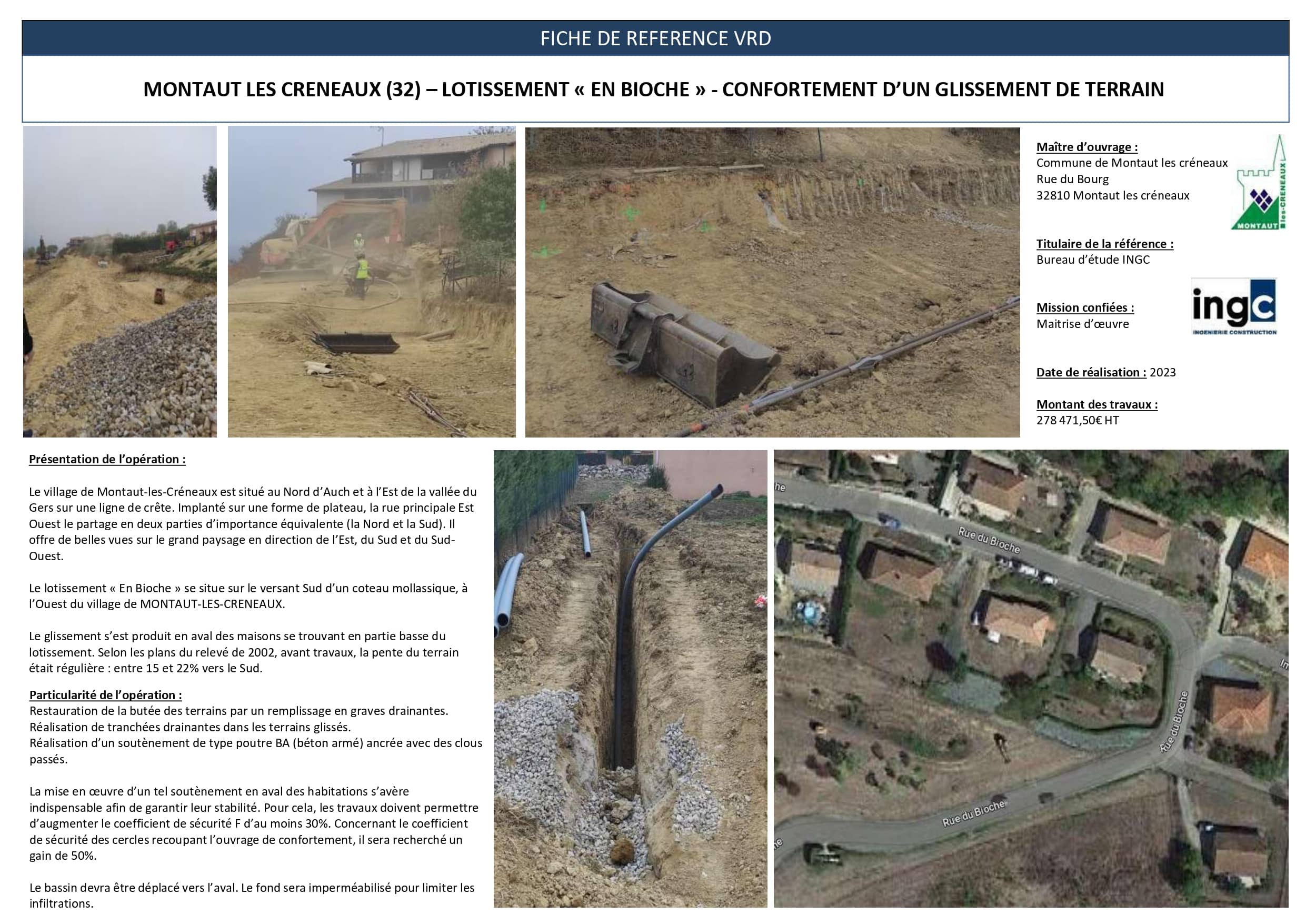 Fiche VRD Montaut les Créneaux : confortement d'un glissement de terrain avec tranchées drainantes et génie civil.