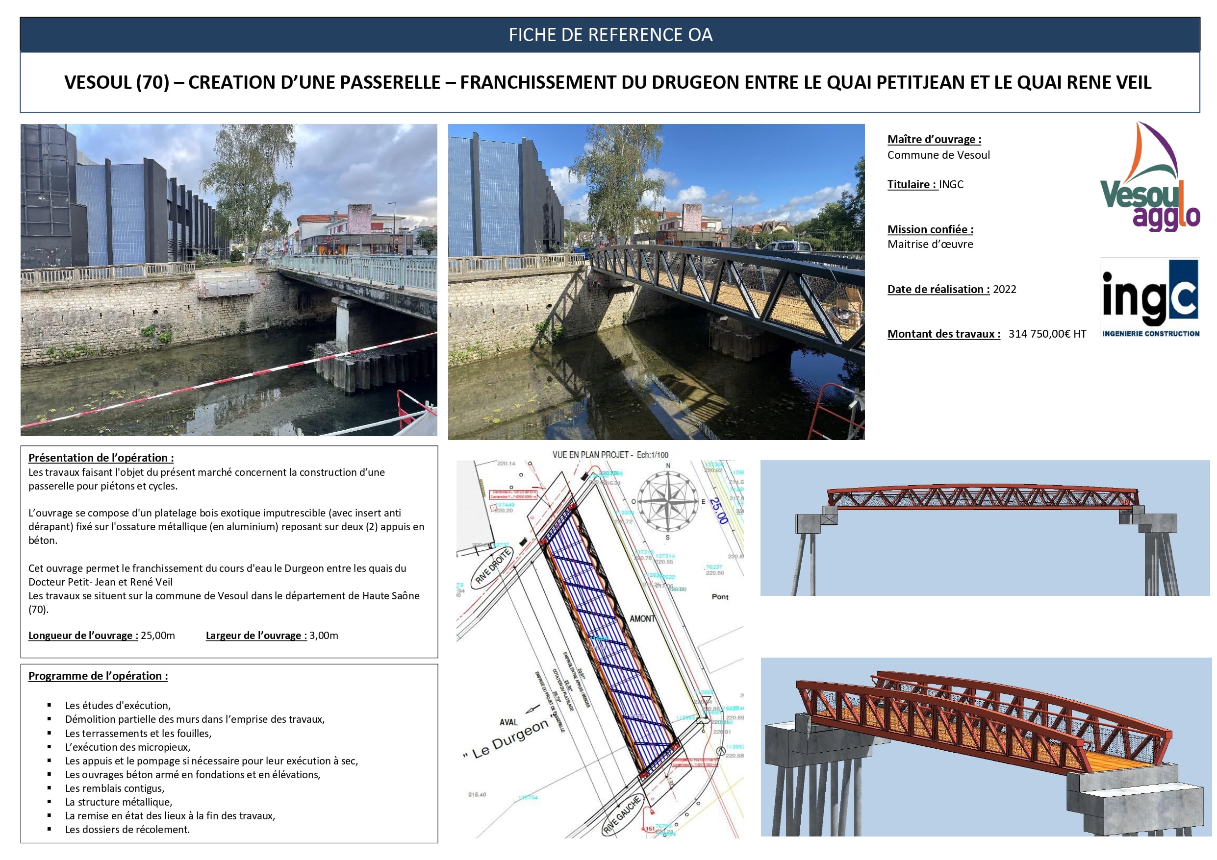 Passerelle piétonne en bois et métal franchissant le Durgeon à Vesoul, réalisée par INGC en 2022. Fiche technique OA.