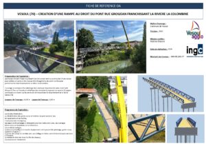 Rampe piétonne et cyclable Vesoul franchissant La Colombine, structure aluminium et platelage bois, longueur 44m.