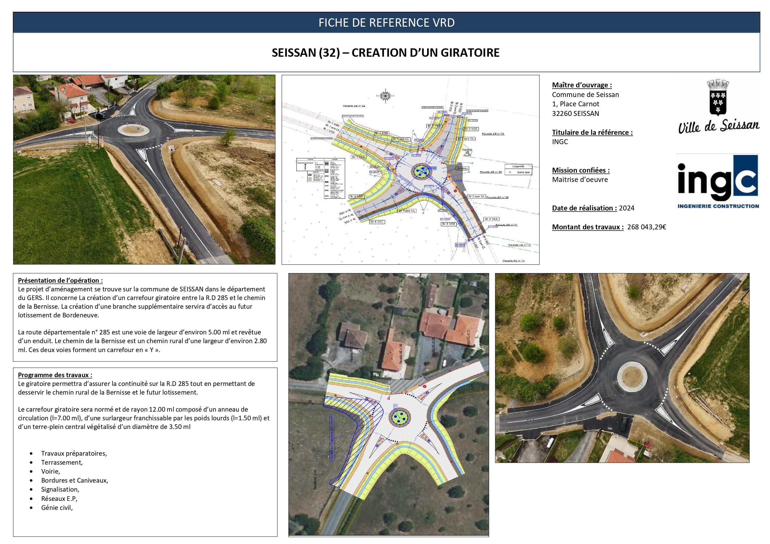Fiche projet VRD : giratoire Seissan par INGC. Plans techniques et vues aériennes du carrefour réalisé en 2024.