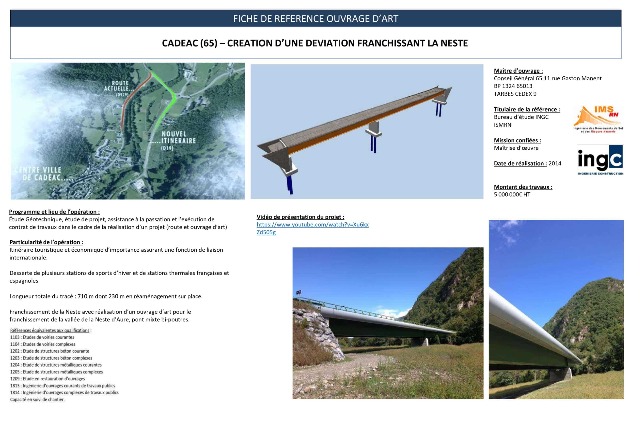 Fiche projet déviation Cadéac : pont mixte sur la Neste, vue aérienne et rendu 3D technique.
