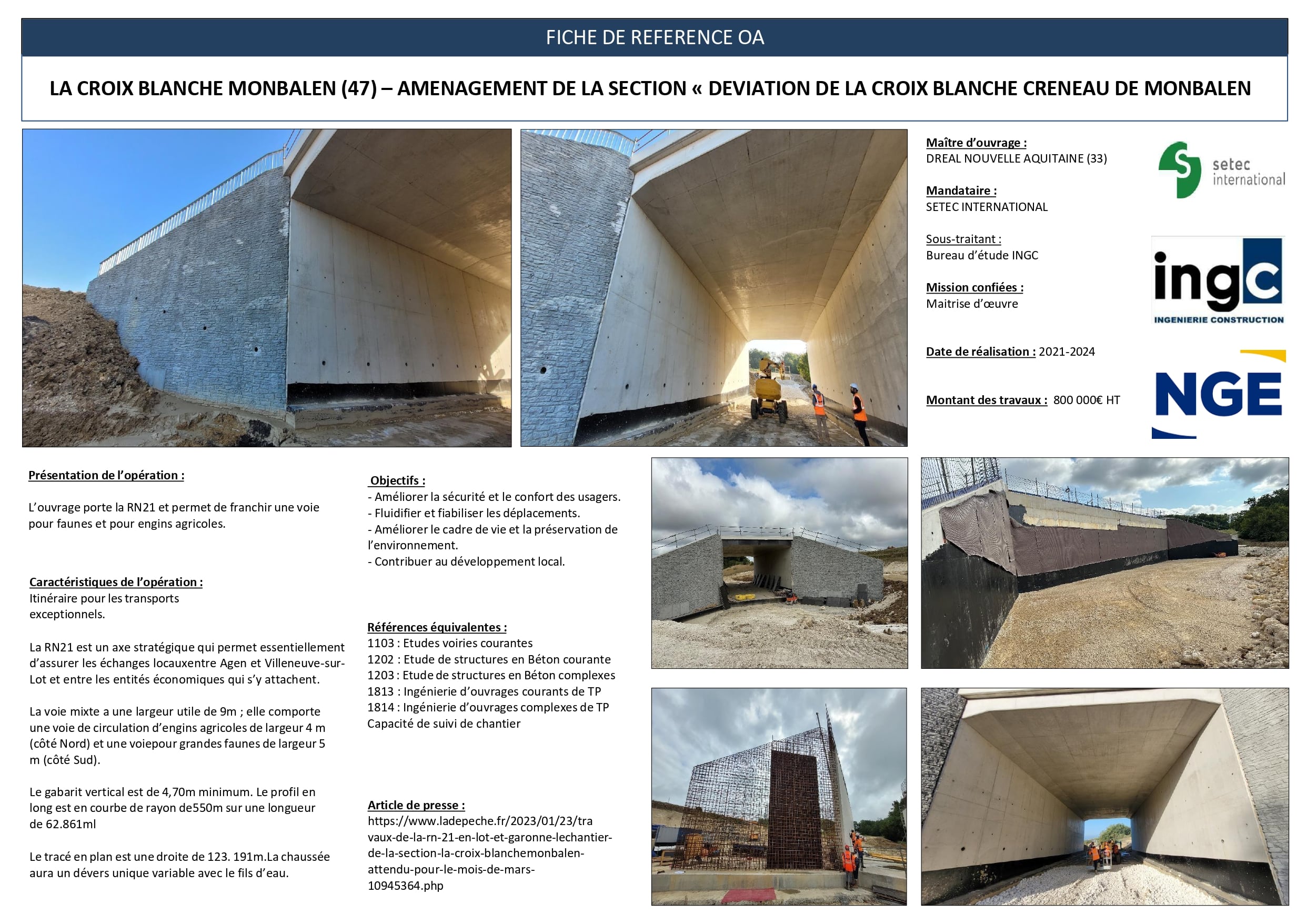 Fiche technique OA pour l'aménagement de la déviation Croix Blanche Monbalen (47) avec photos du tunnel RN21.