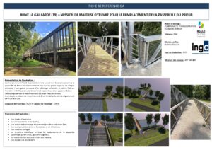 Fiche projet : remplacement de la Passerelle du Prieur à Brive par INGC. Photos et rendus 3D d'une structure en aluminium.