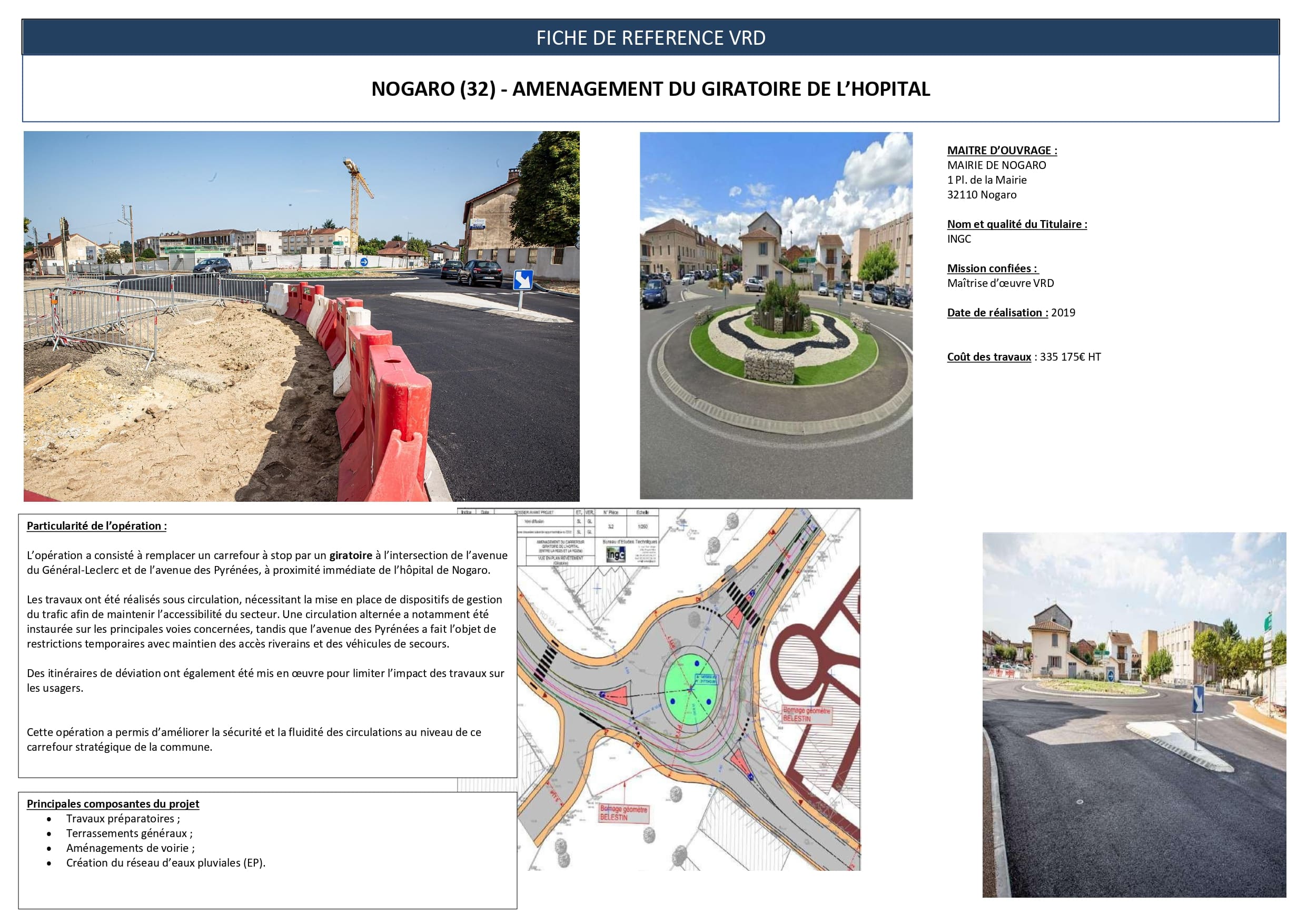 Fiche projet VRD Nogaro : aménagement du giratoire de l'hôpital avec photos des travaux et plan technique.