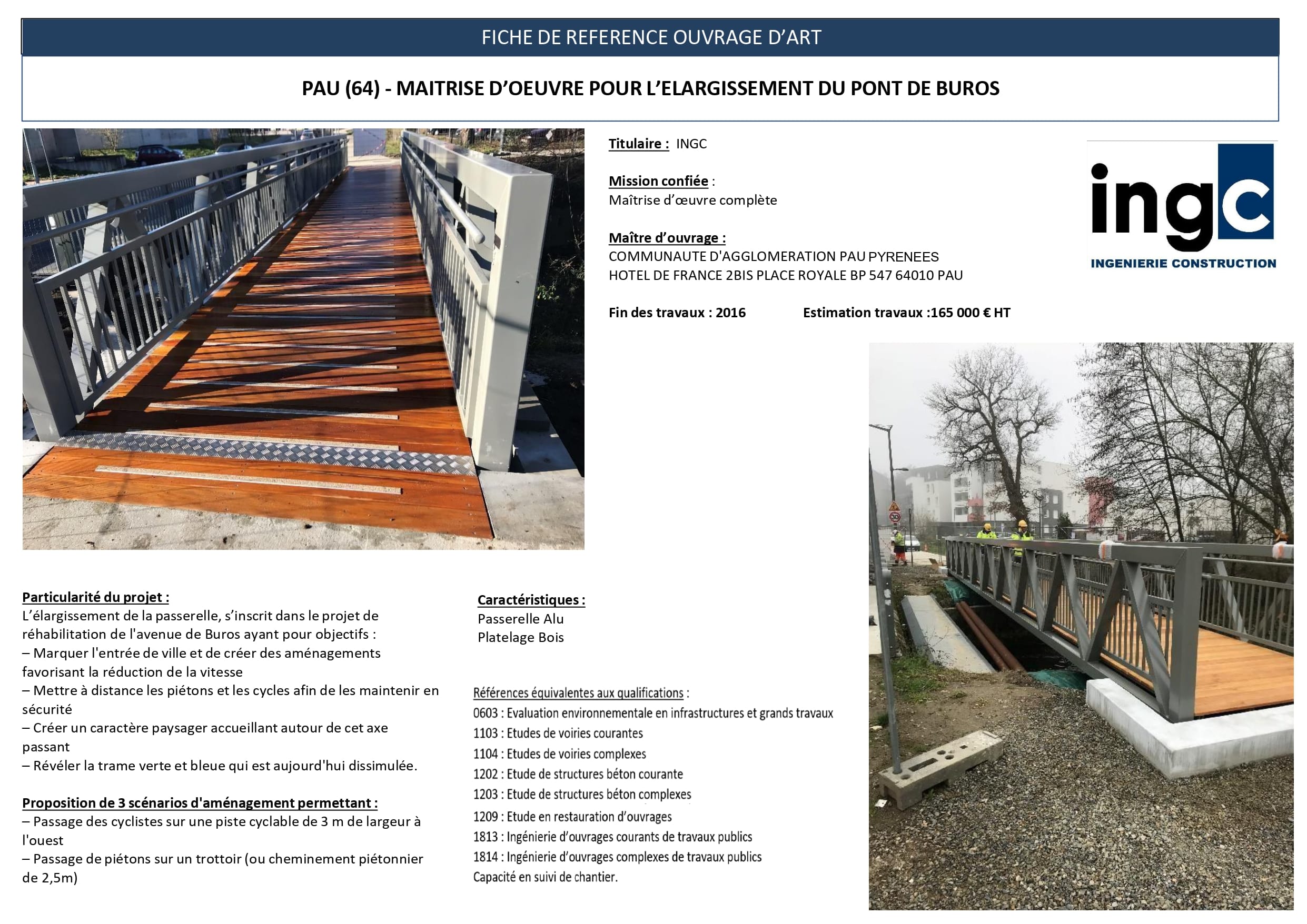 Fiche technique INGC : passerelle alu et bois pour le pont de Buros à Pau.