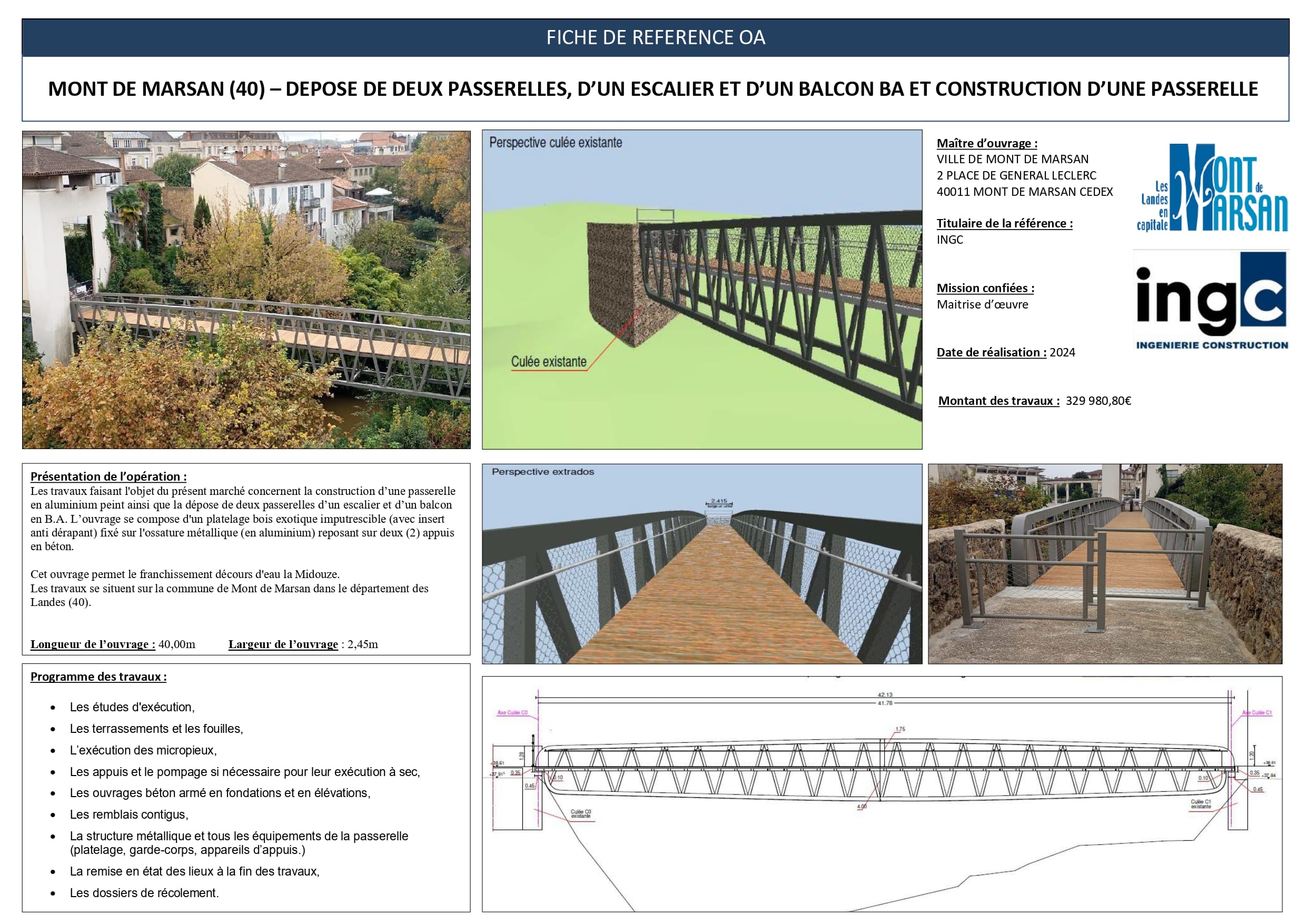 Fiche projet INGC : construction d'une passerelle en aluminium à Mont-de-Marsan avec photos, plans et rendus 3D.
