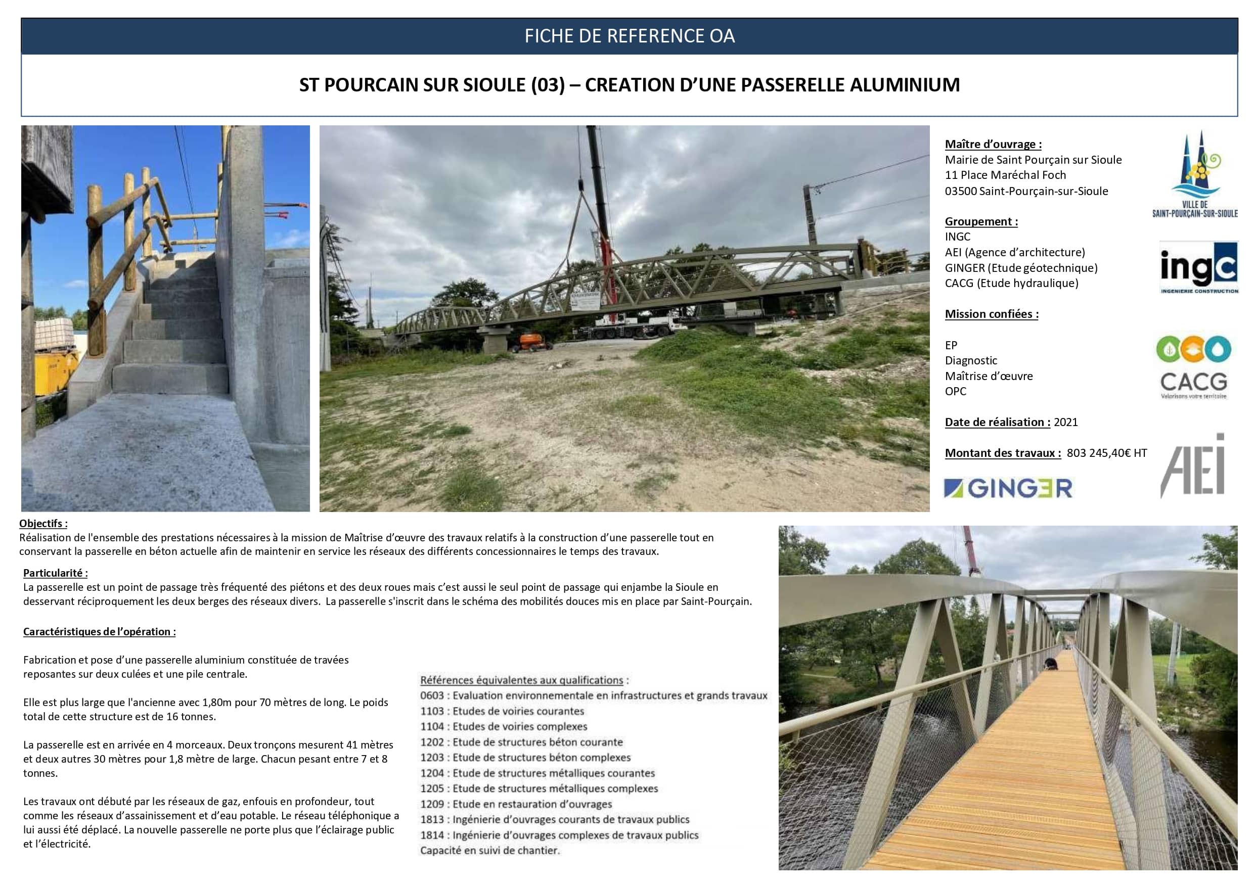 Fiche technique de la passerelle aluminium à Saint-Pourçain-sur-Sioule montrant sa construction et ses caractéristiques.