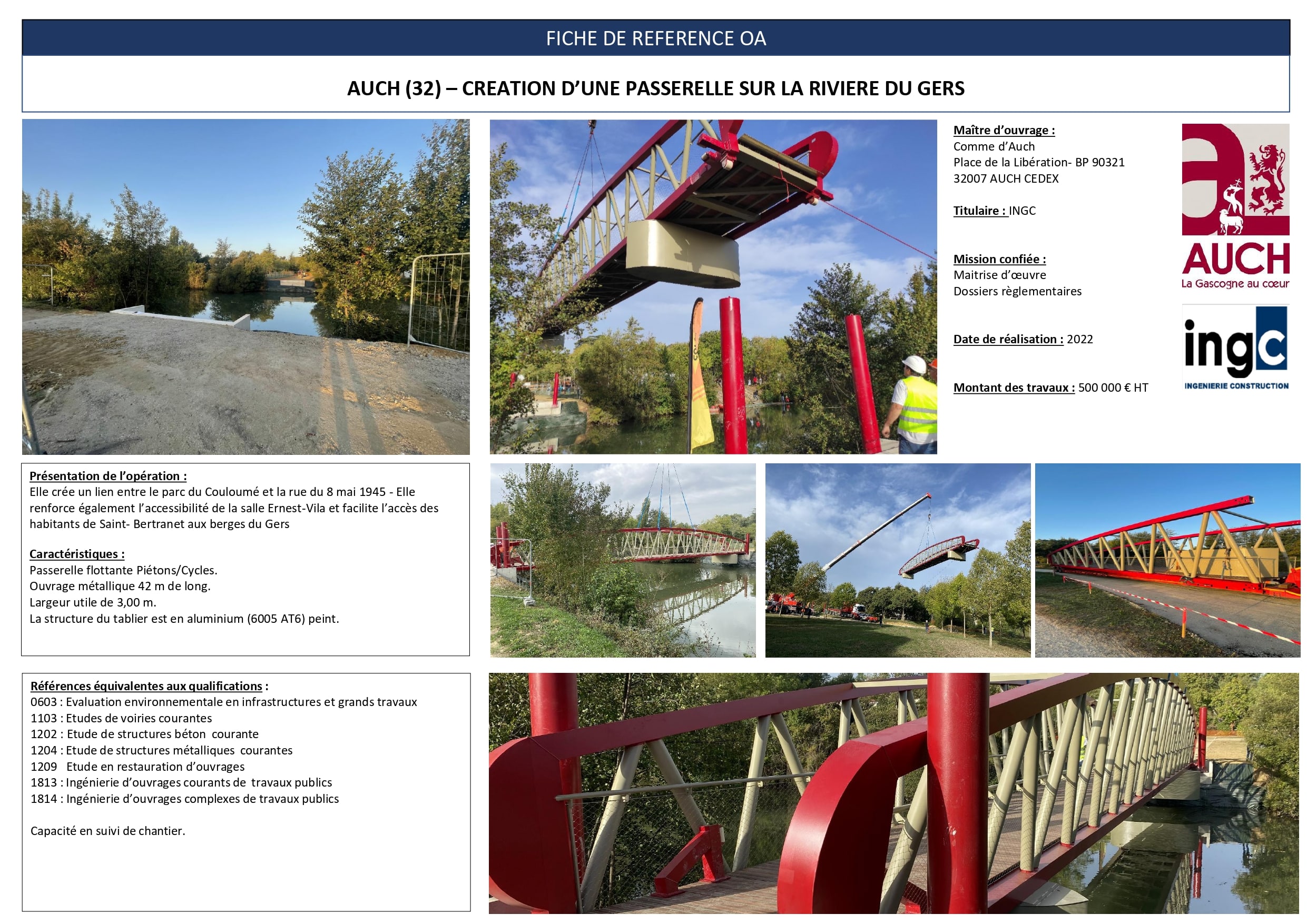 Construction passerelle Auch sur le Gers. Pose par grue d'un pont métallique rouge pour piétons et cycles.