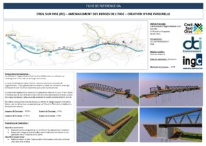 Fiche projet : aménagement des berges de l'Oise à Creil avec rendus 3D d'une passerelle piétonne en acier et bois.
