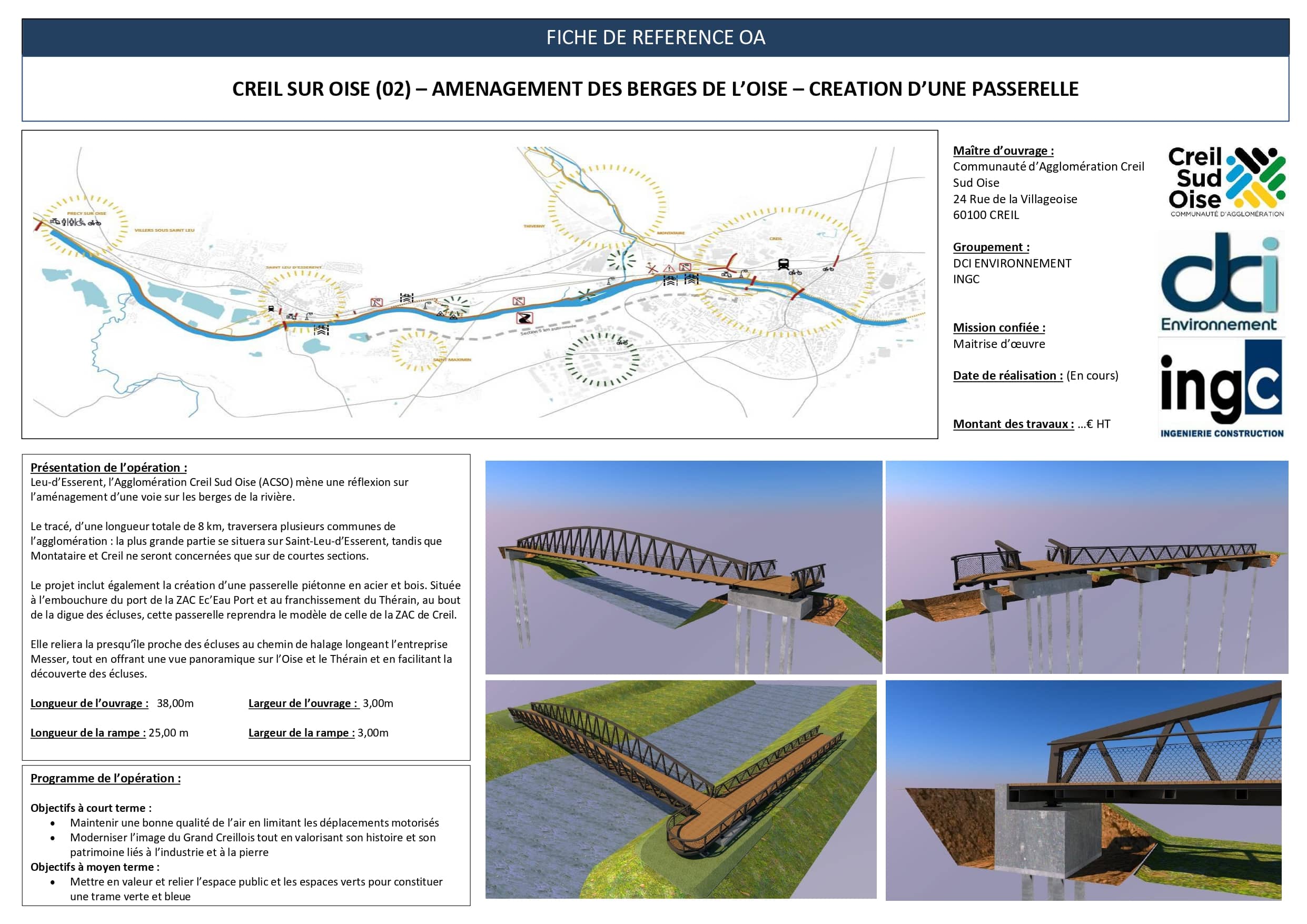 Fiche projet : aménagement des berges de l'Oise à Creil avec rendus 3D d'une passerelle piétonne en acier et bois.