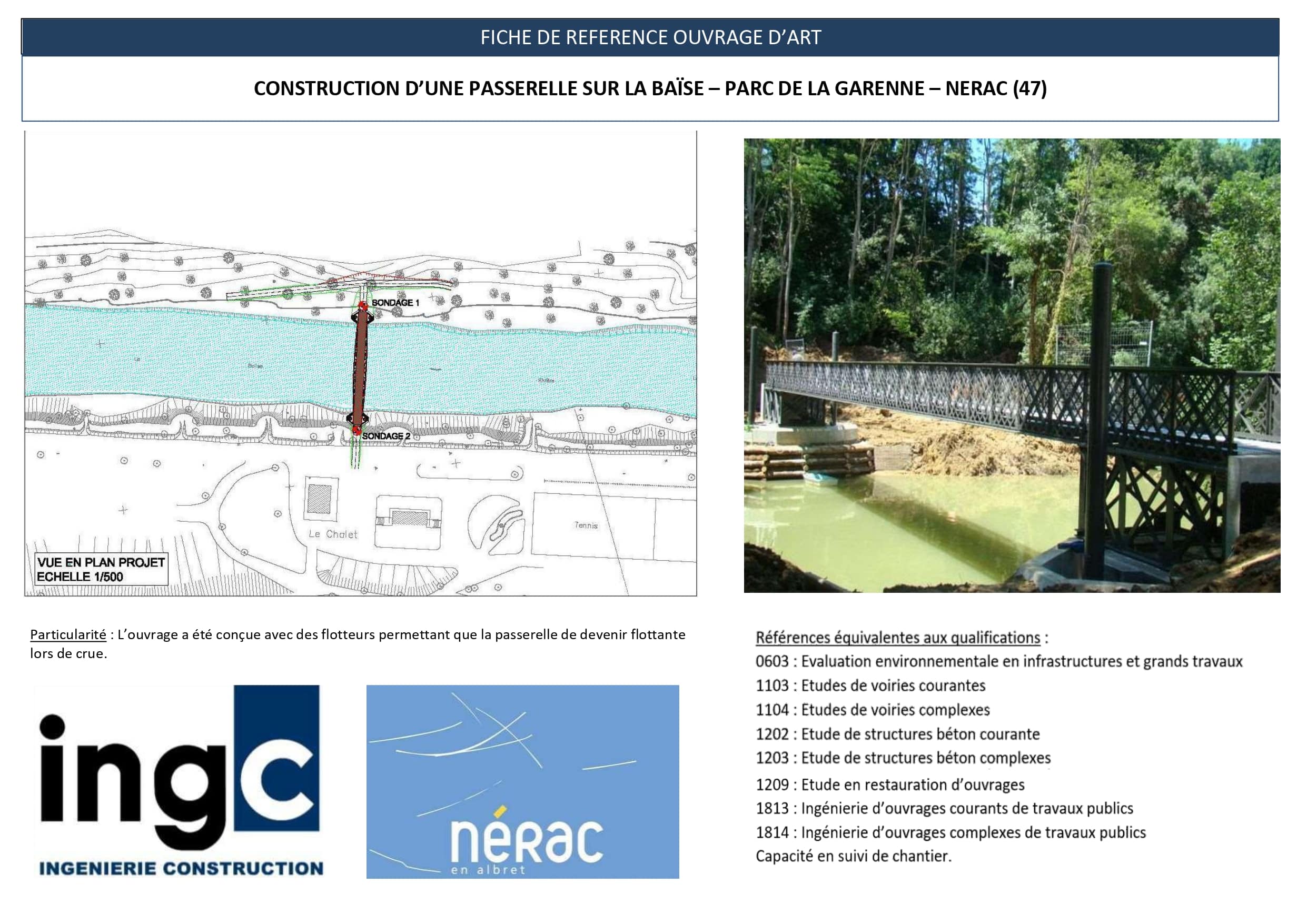 Fiche technique INGC : construction d'une passerelle flottante sur la Baïse au Parc de la Garenne à Nérac.
