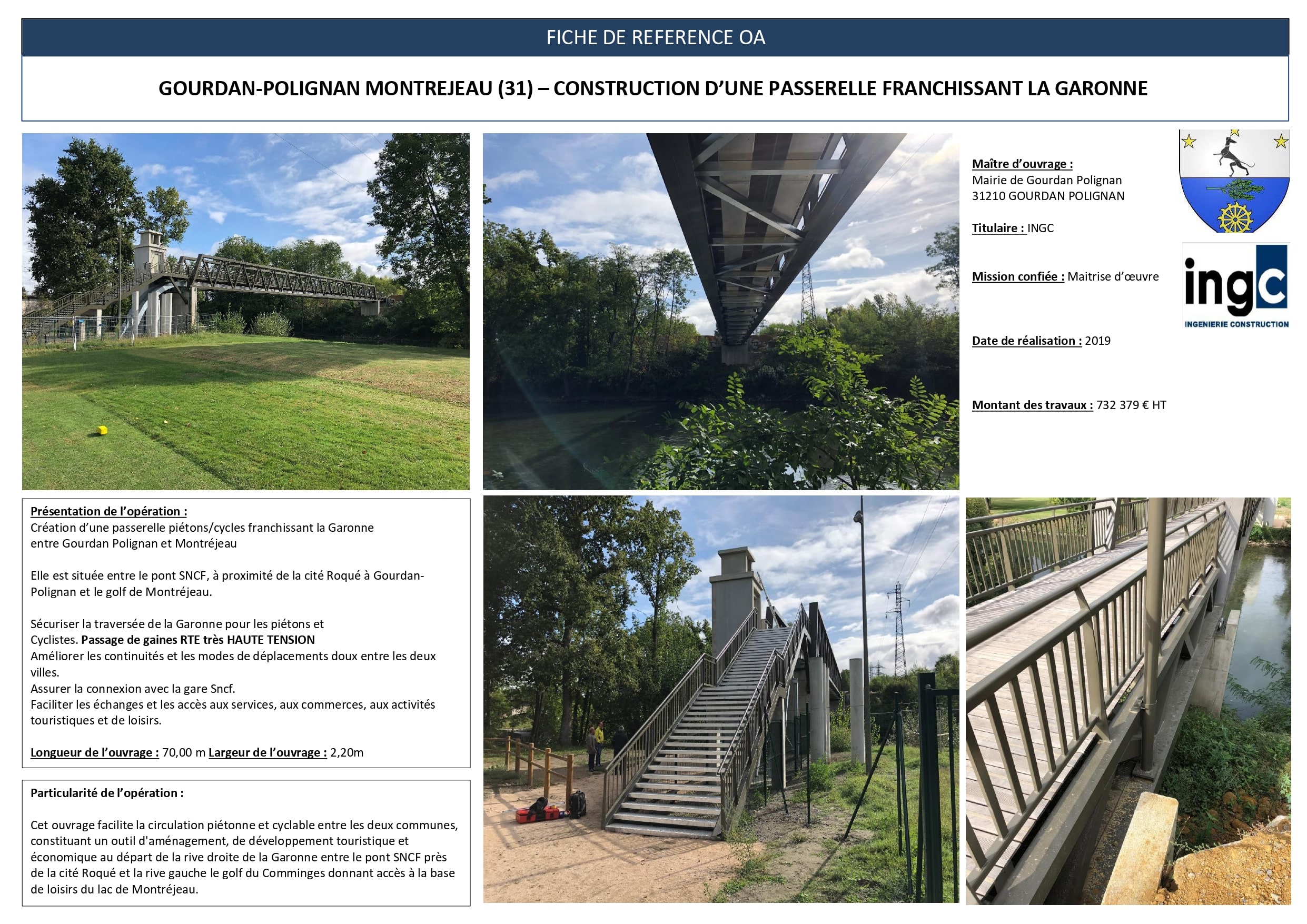 Fiche projet passerelle piétonne Garonne, Gourdan-Polignan Montréjeau. Longueur 70m, largeur 2,20m.