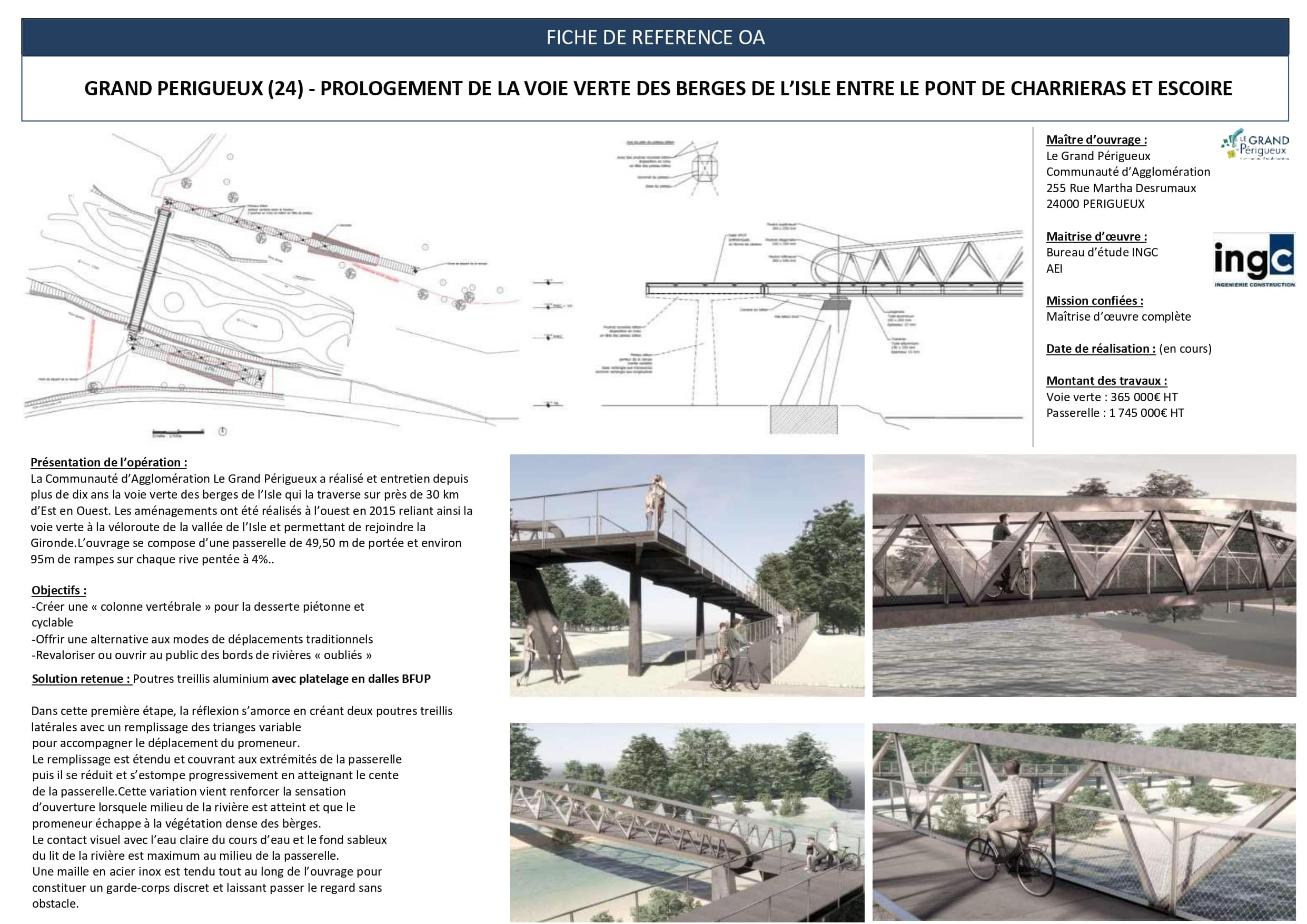 Fiche projet passerelle Grand Périgueux, voie verte. Plans techniques et rendus 3D d'un pont treillis aluminium sur l'Isle.