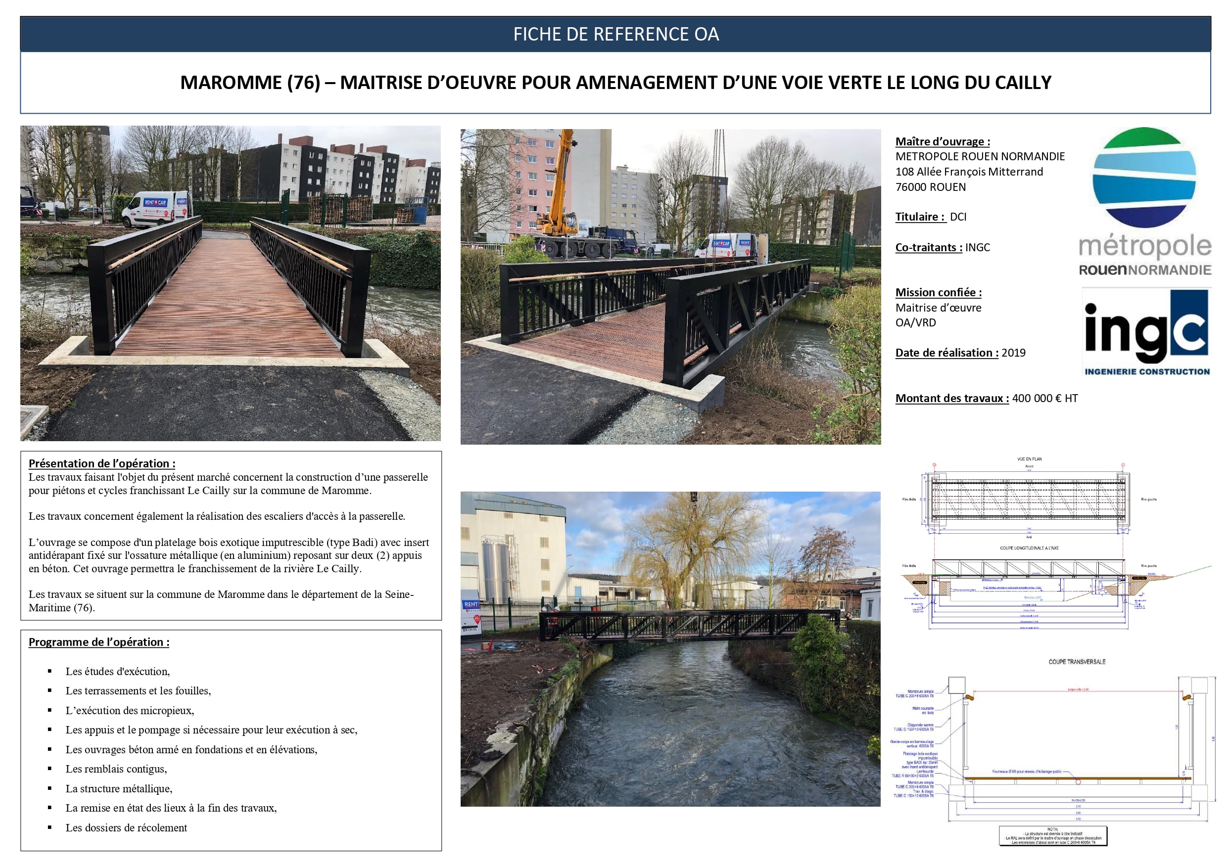 Fiche projet : construction d'une passerelle sur le Cailly à Maromme pour l'aménagement d'une voie verte.
