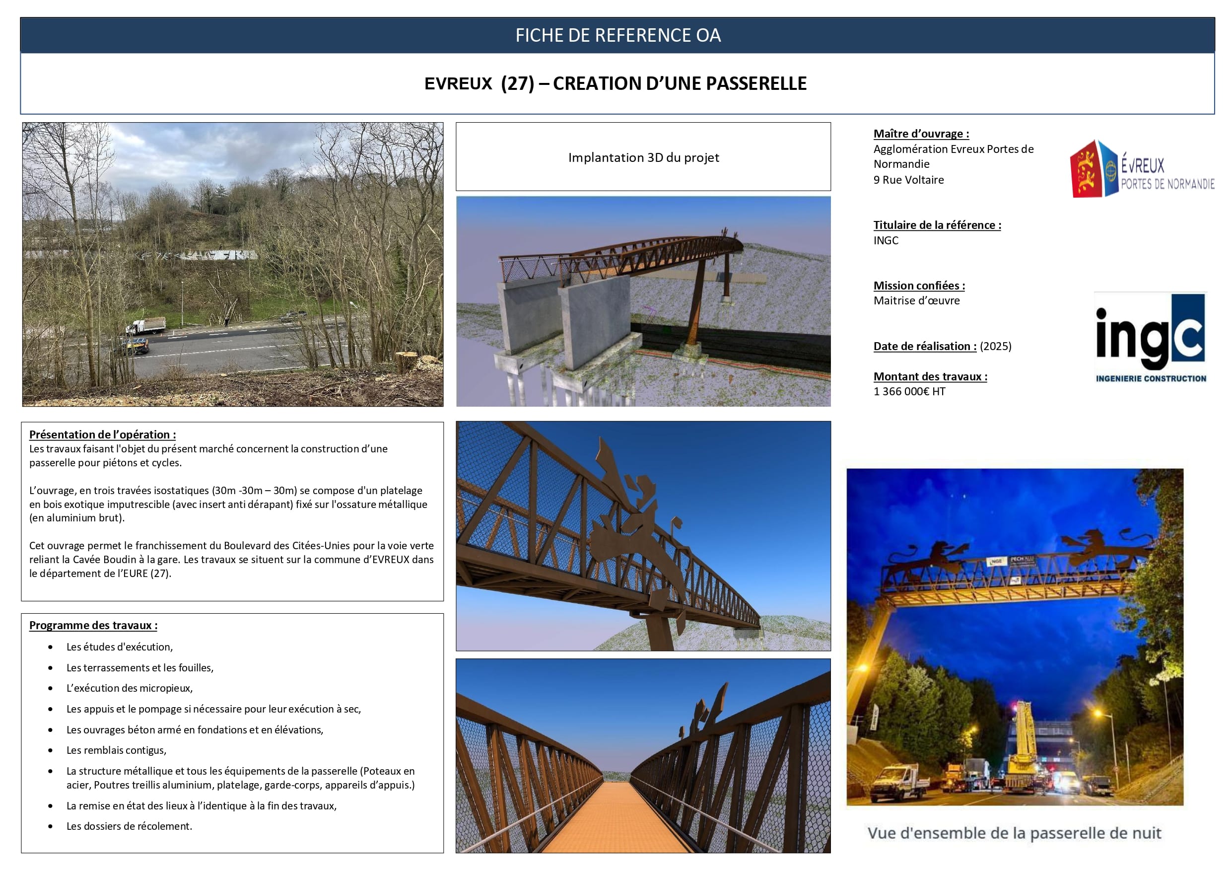 Fiche projet passerelle Evreux par INGC : rendus 3D et photo de nuit d'un ouvrage de franchissement urbain.