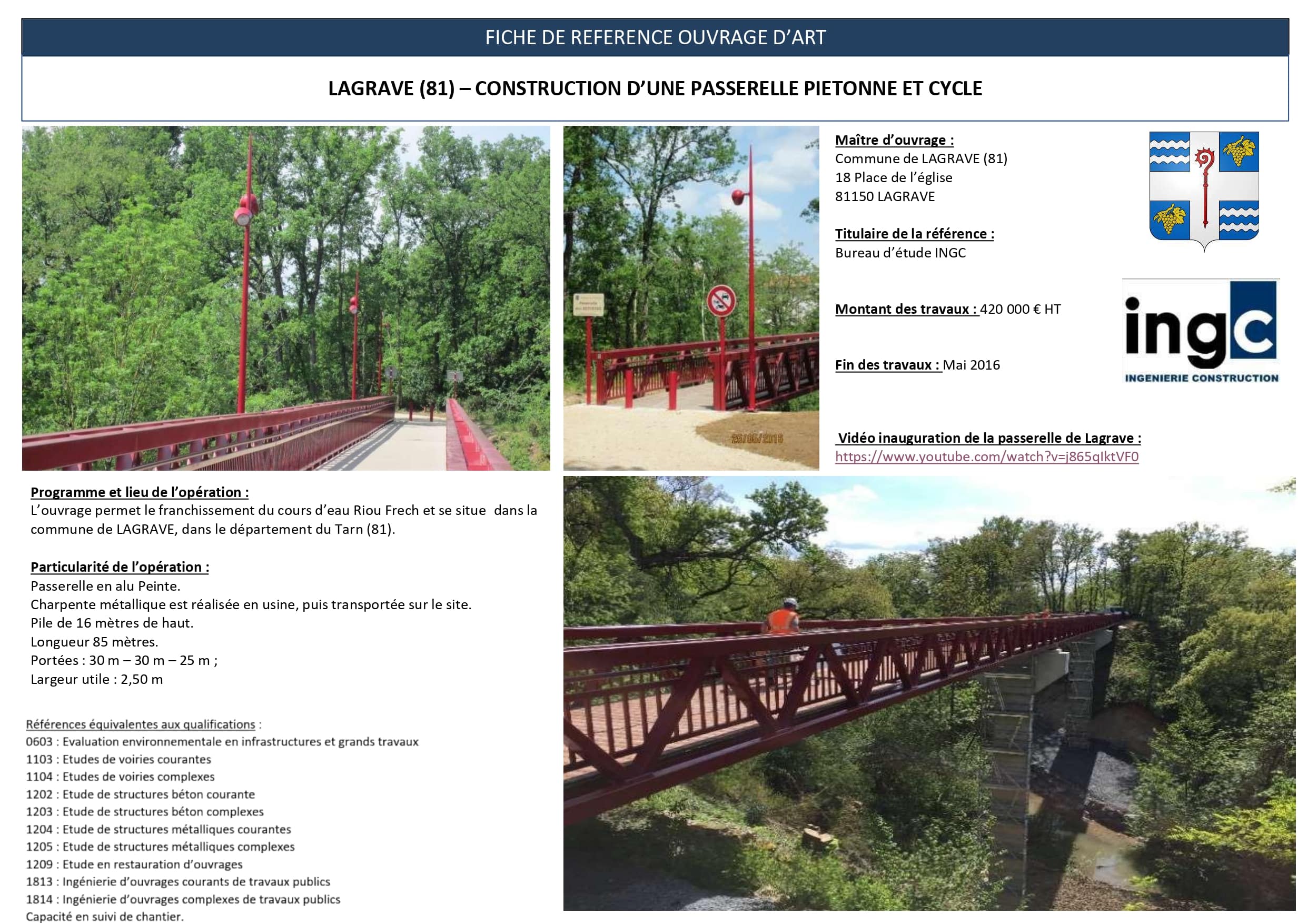 Passerelle piétonne rouge à Lagrave par INGC, ouvrage métallique traversant le Riou Frech en pleine nature.