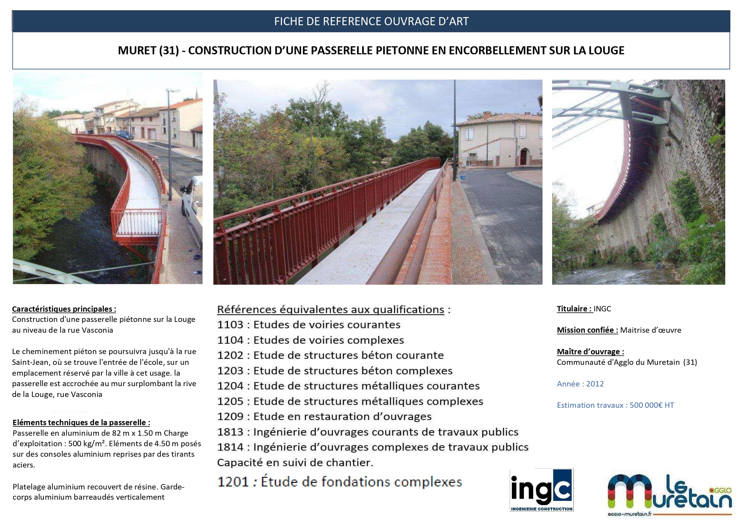 Passerelle piétonne en encorbellement sur la Louge à Muret. Fiche technique d'ouvrage d'art par INGC.