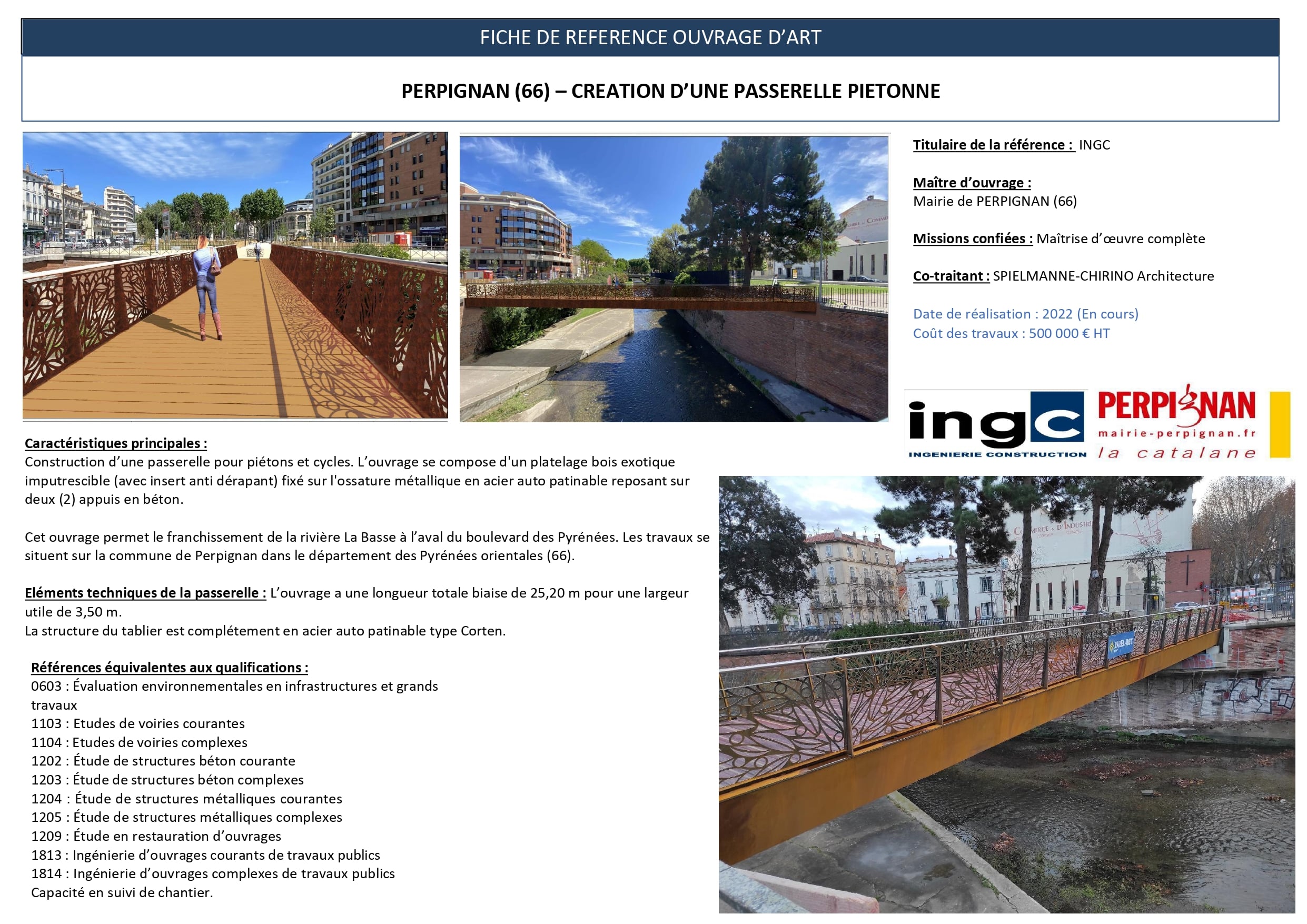 Passerelle piétonne et cycliste en acier Corten à Perpignan sur la rivière La Basse, platelage bois, projet INGC.