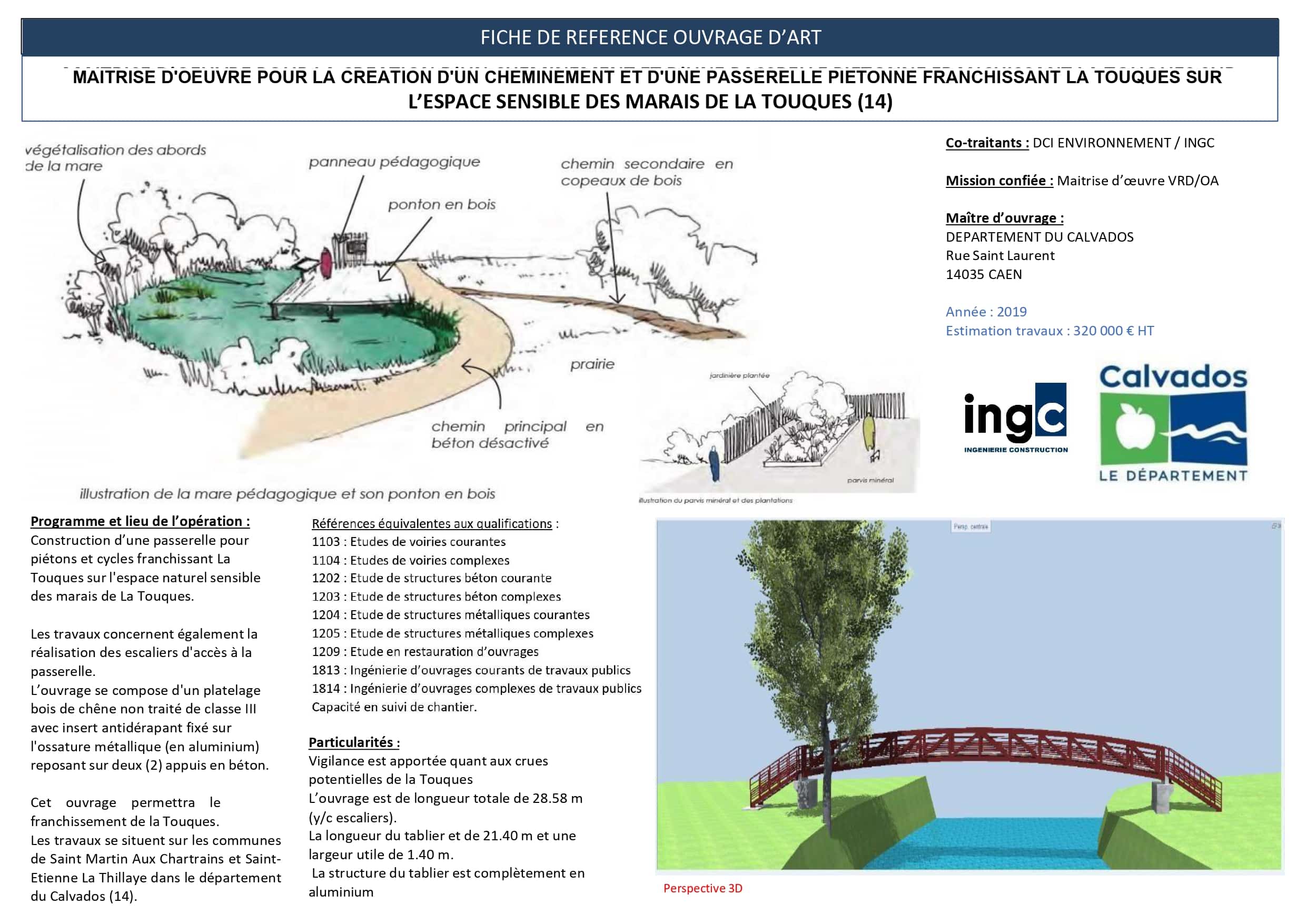 Fiche projet passerelle piétonne Marais de la Touques : pont aluminium, schémas d'aménagement et vue 3D du franchissement.