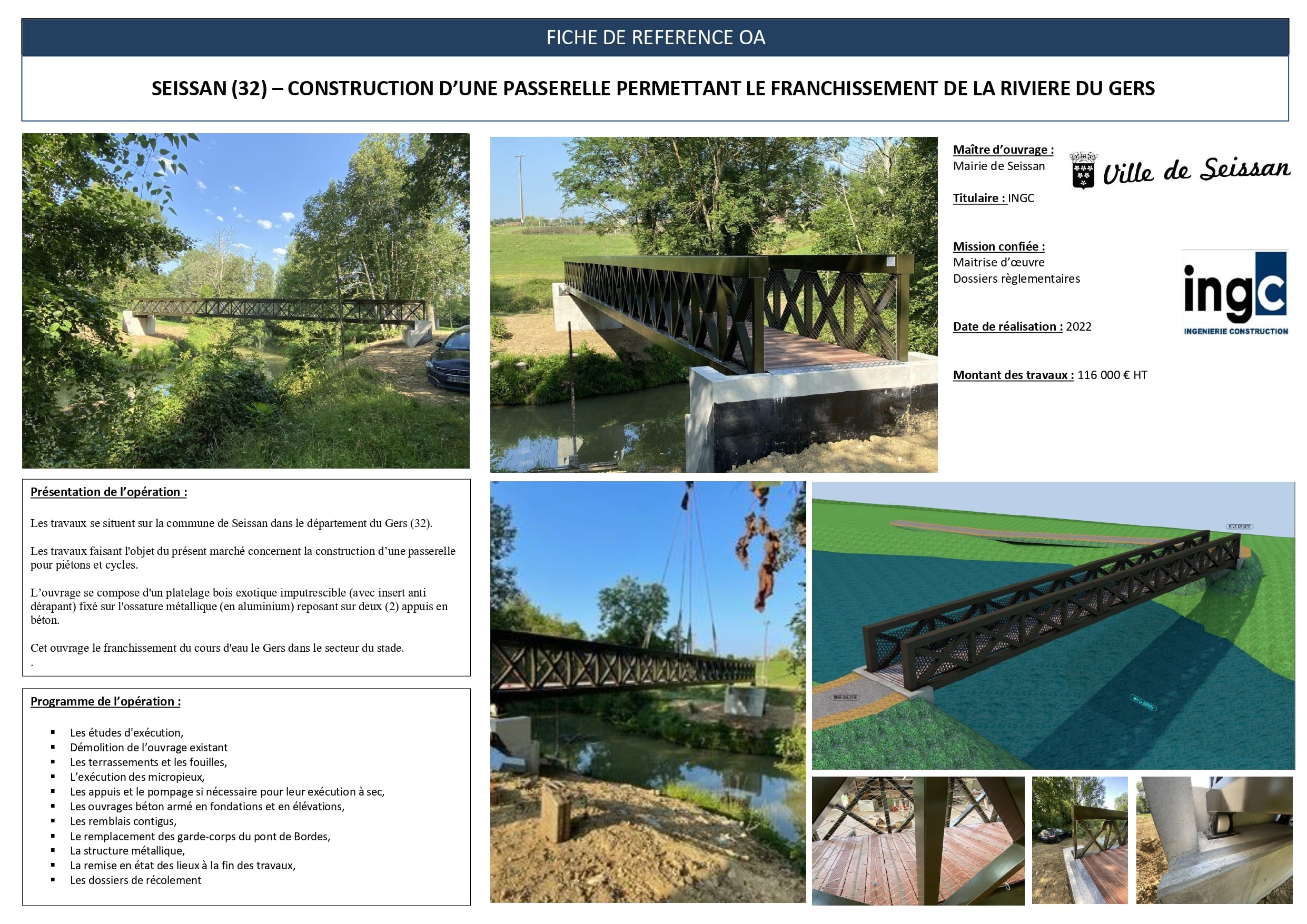 Fiche technique de la passerelle piétonne à Seissan sur le Gers : structure alu et bois exotique par INGC en 2022.