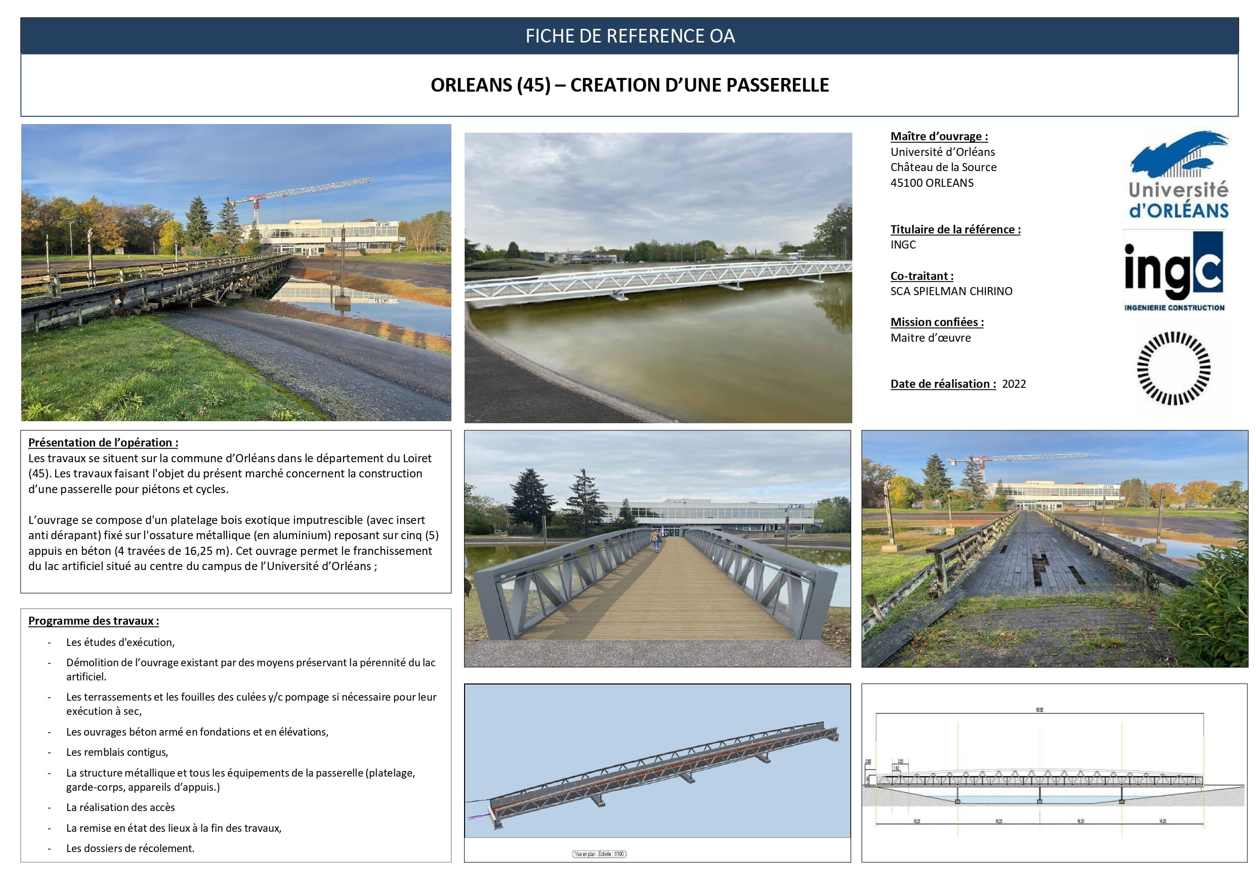 Fiche projet passerelle Université d'Orléans : construction pont piétons/cycles, structure aluminium et bois par INGC.