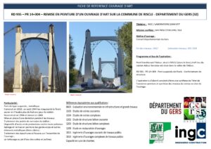 Fiche projet : remise en peinture du pont suspendu RD 935 à Riscle, Gers. Vues avant et après travaux.